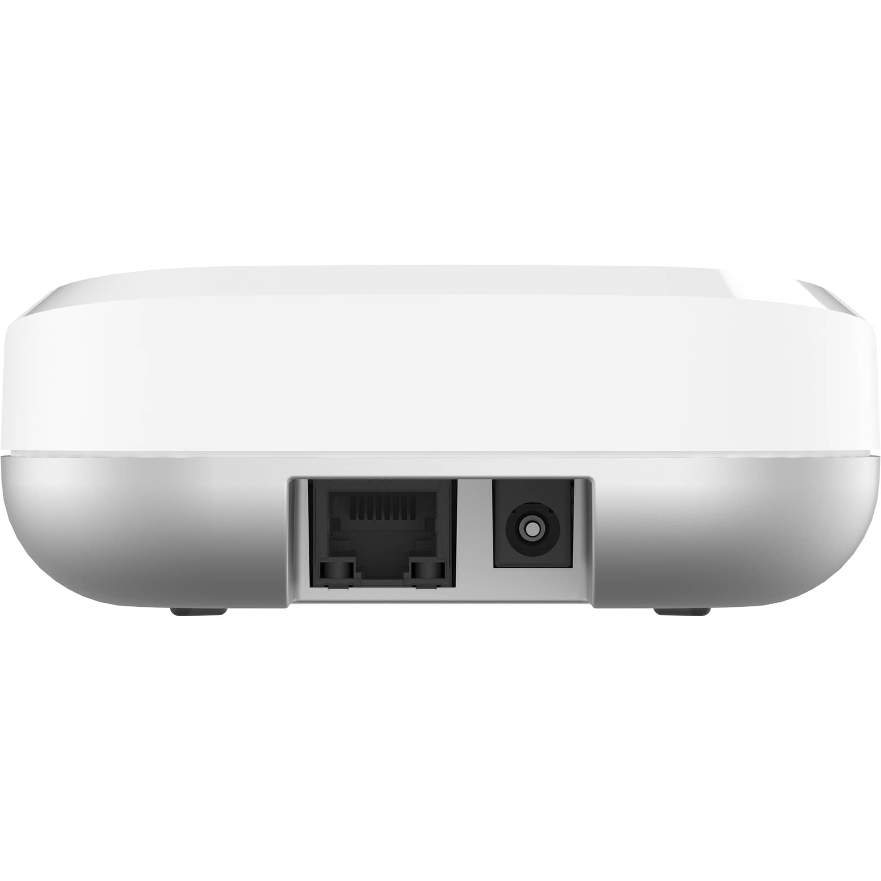 Rückansicht eines weißen Geräts mit einem Ethernet- und einem Stromanschluss.