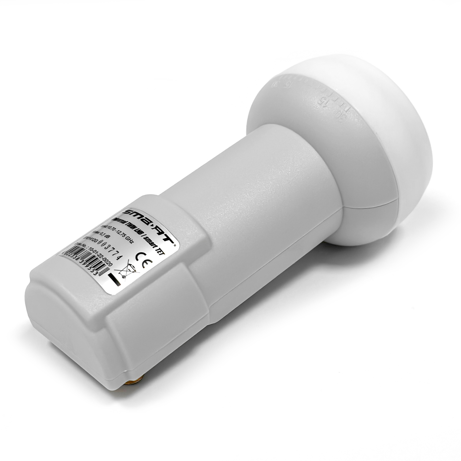 Ein grauer LNB mit Beschriftung und Skala am Kopf.