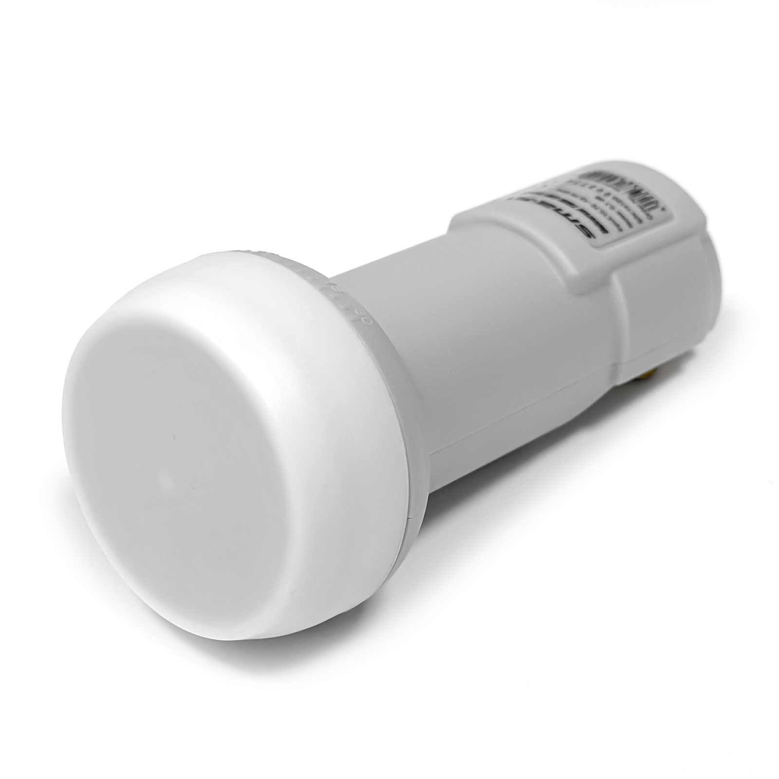 Ein grauer LNB mit weißer Kappe, auf weißem Hintergrund.