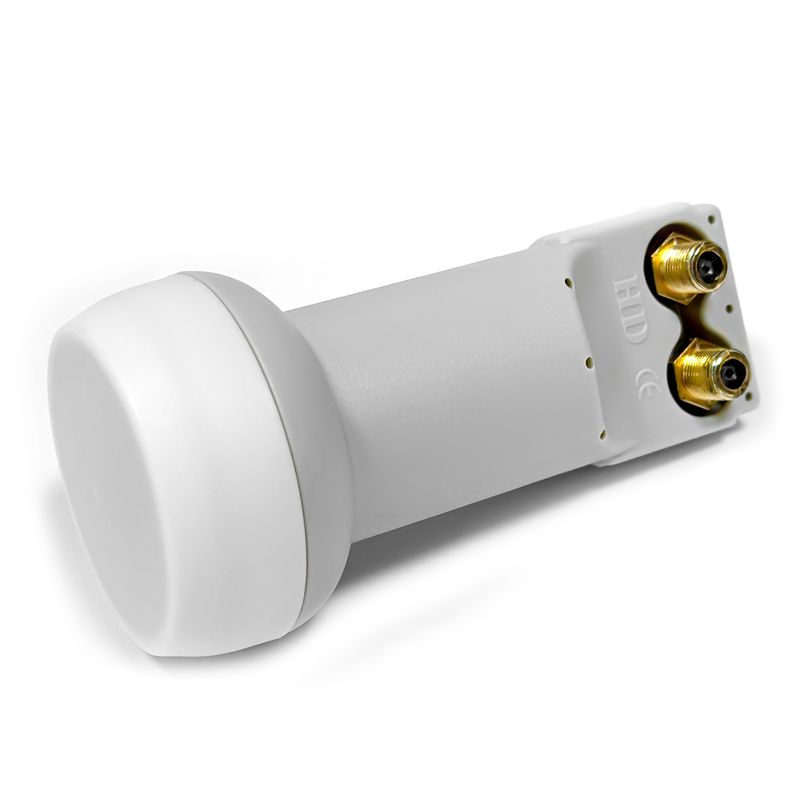 Ein grauer und weißer LNB mit zwei goldenen Anschlüssen auf weißem Hintergrund.