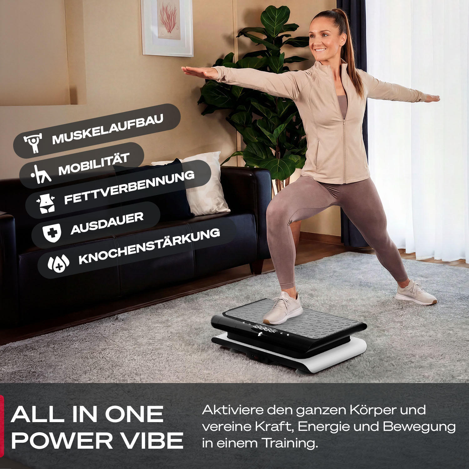 Eine Frau macht eine Yoga-Pose auf einer Vibrationsplatte mit Text über Muskelaufbau.
