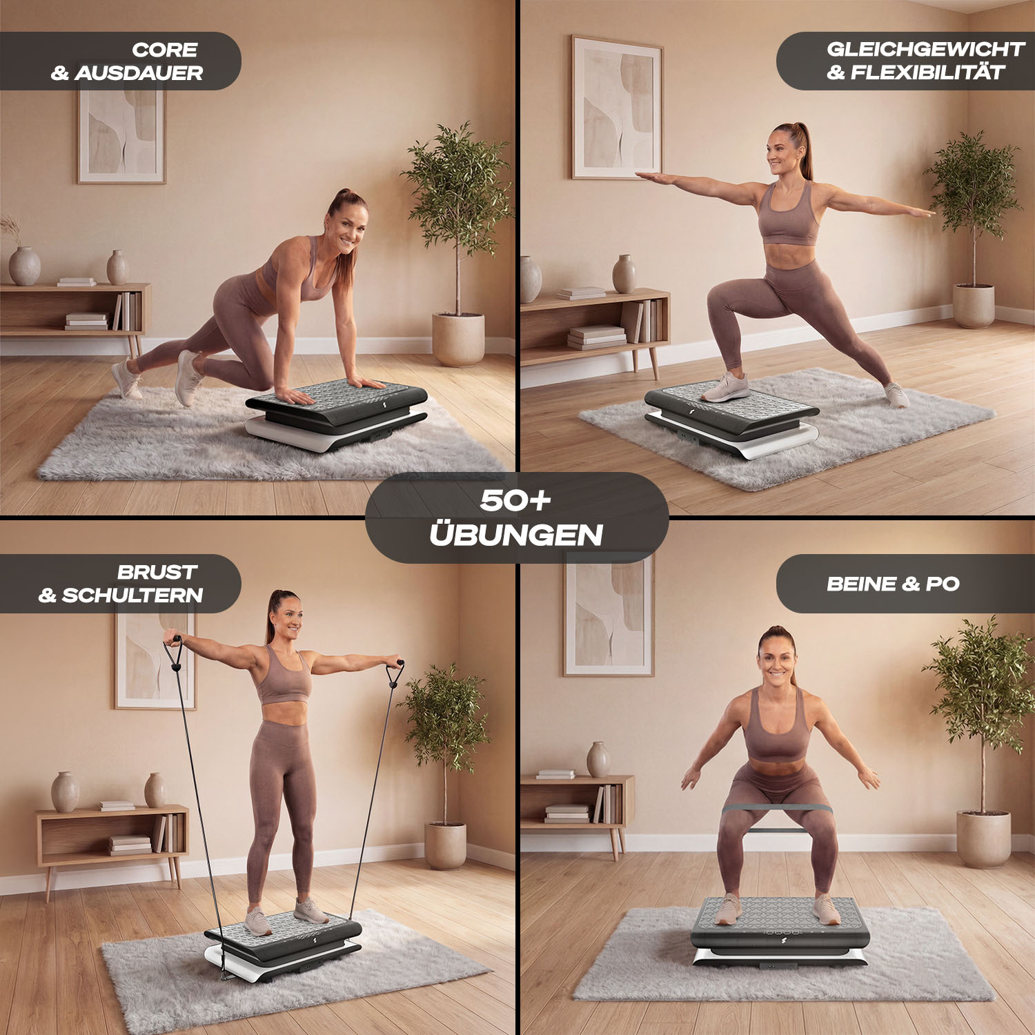 Vier Fitnessübungen: Core, Gleichgewicht, Brust/Schulter, Beine/Po.