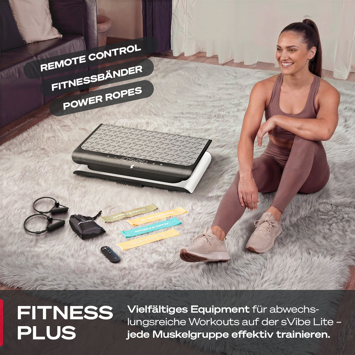 Frau sitzt auf einem flauschigen Teppich neben Fitnessgeräten.