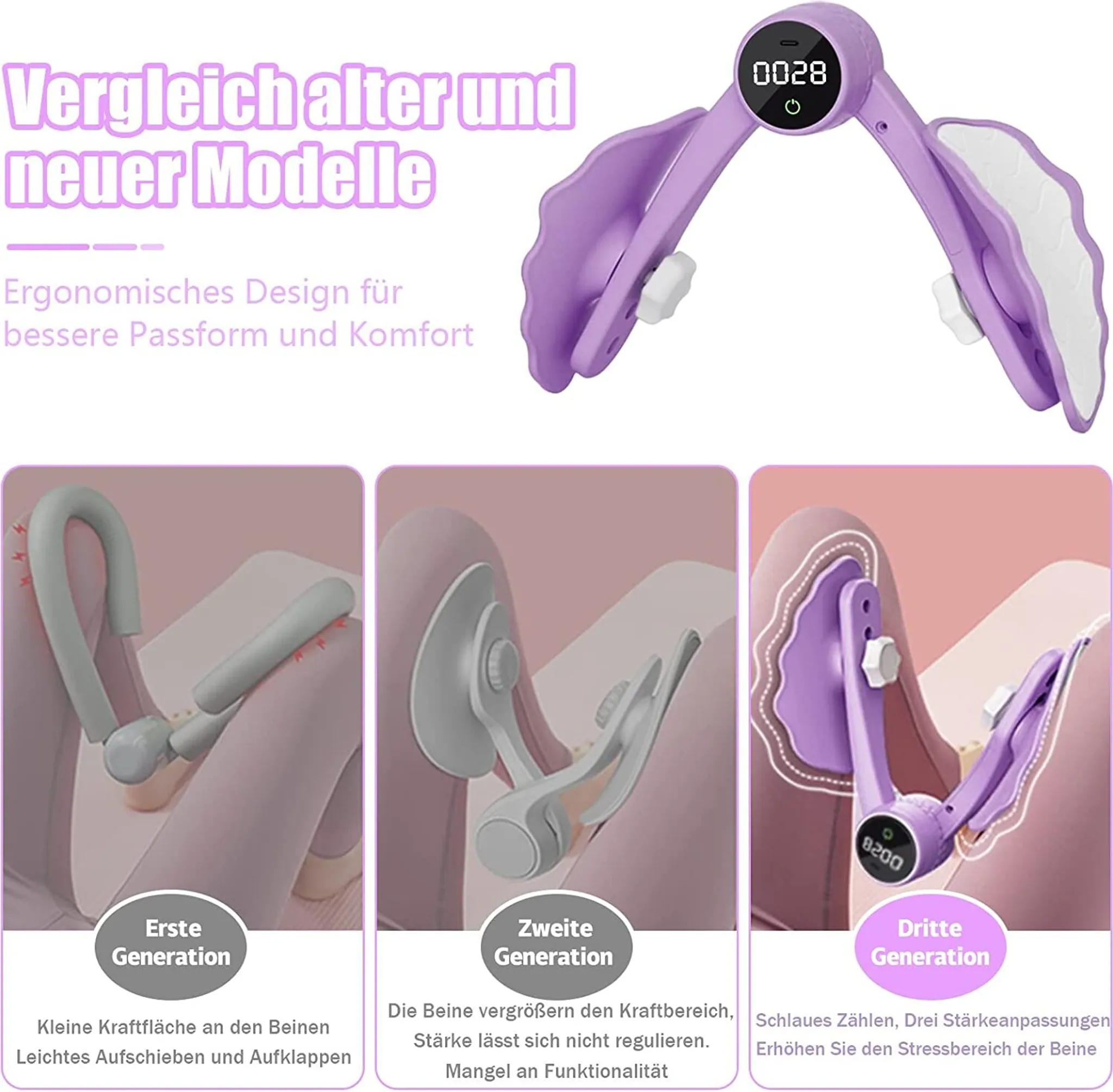 Ein lila Bein-Trainer mit digitaler Anzeige und drei Generationen im Vergleich.