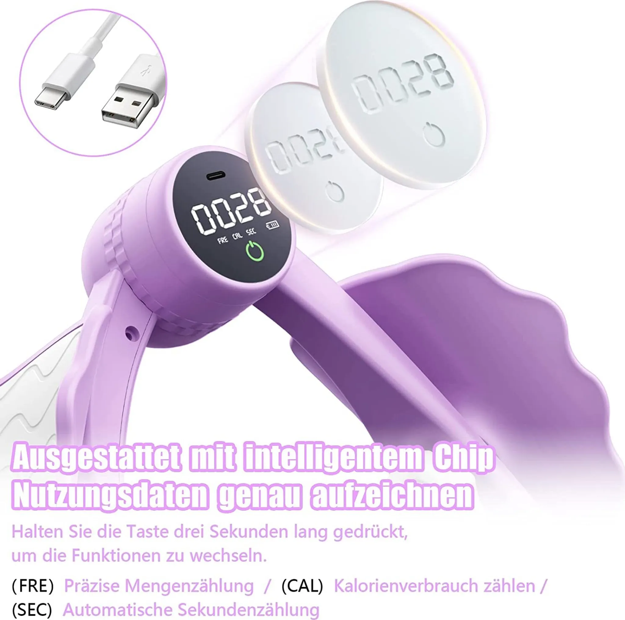 Ein lila Fitnessgerät mit digitaler Anzeige (0028) und USB-Kabel.
