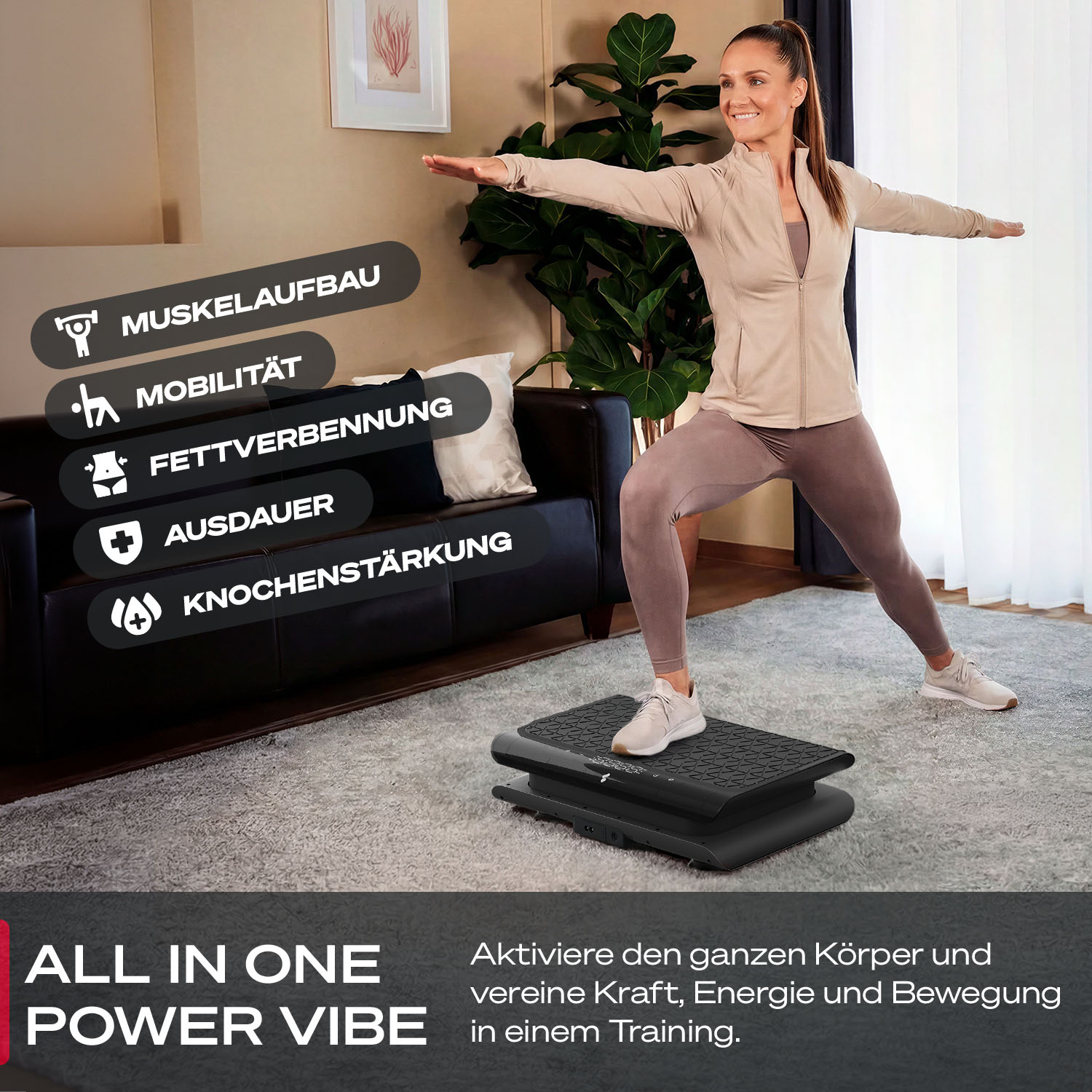 Frau macht Yoga-Übung auf Vibrationsplatte, mit Text über Fitness-Vorteile.