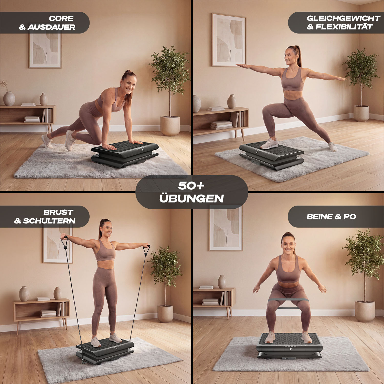 Vier Fitnessübungen: Core, Gleichgewicht, Brust/Schultern, Beine/Po.