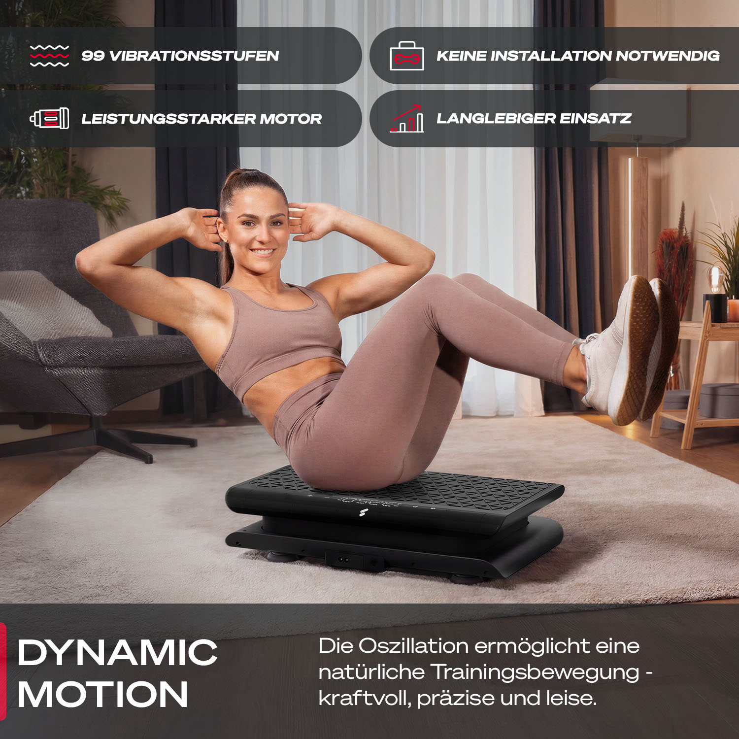 Frau macht Crunches auf Vibrationsplatte, 99 Stufen, starker Motor.