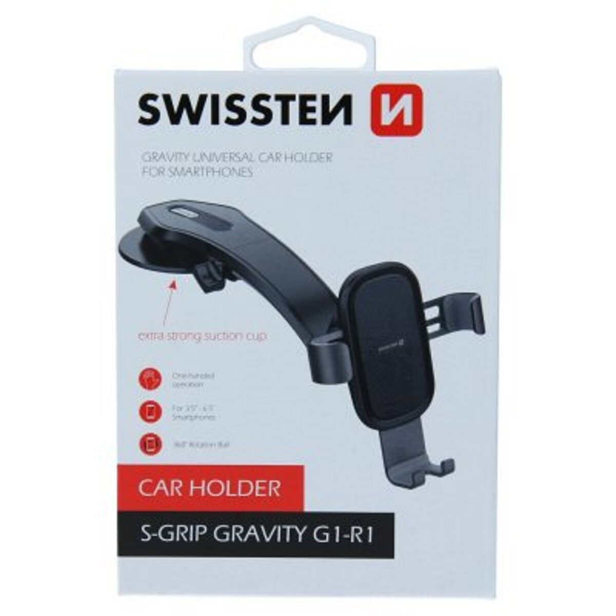 Swissten Autohandyhalterung auf Verpackung mit Text.