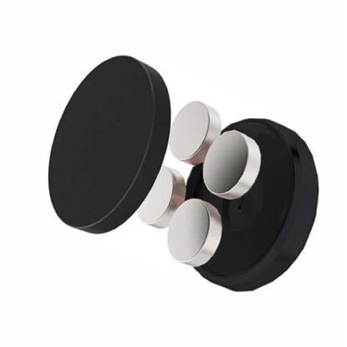 Schwarzer Magnetring mit drei zylindrischen Magneten auf weißem Hintergrund.