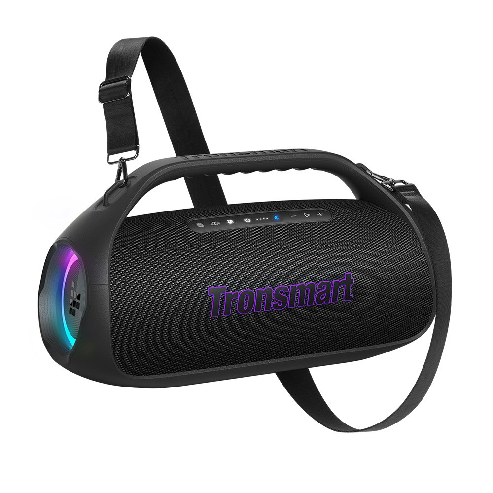 Schwarzer Tronsmart Lautsprecher mit Tragegurt und bunten Lichtern an der Seite.