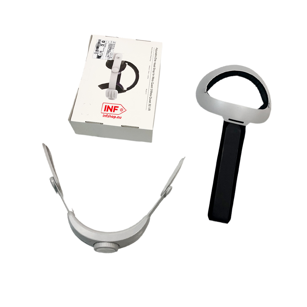 Regulowany pasek na głowę Elite, podpora głowy i pudełko.