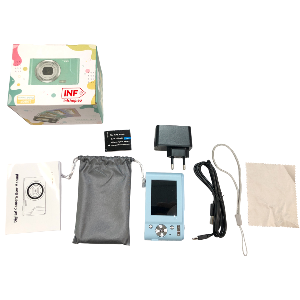 Zestaw aparatów: aparat, bateria, ładowarka, kabel, etui, instrukcja, ściereczka.