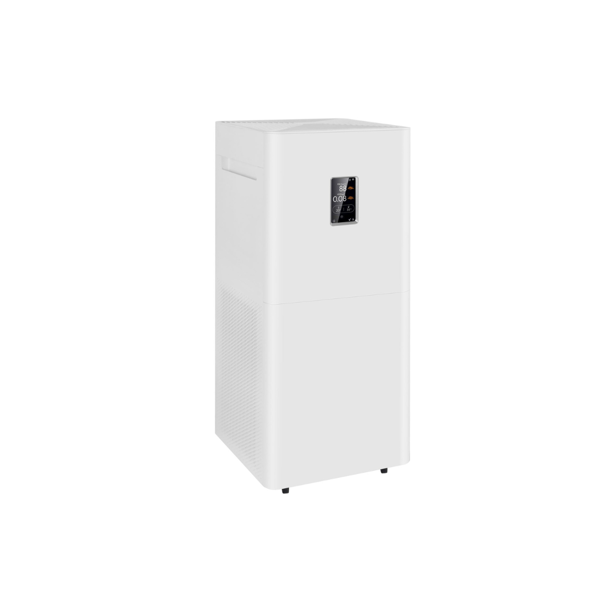 Un purificatore d'aria bianco con display digitale che mostra le letture.