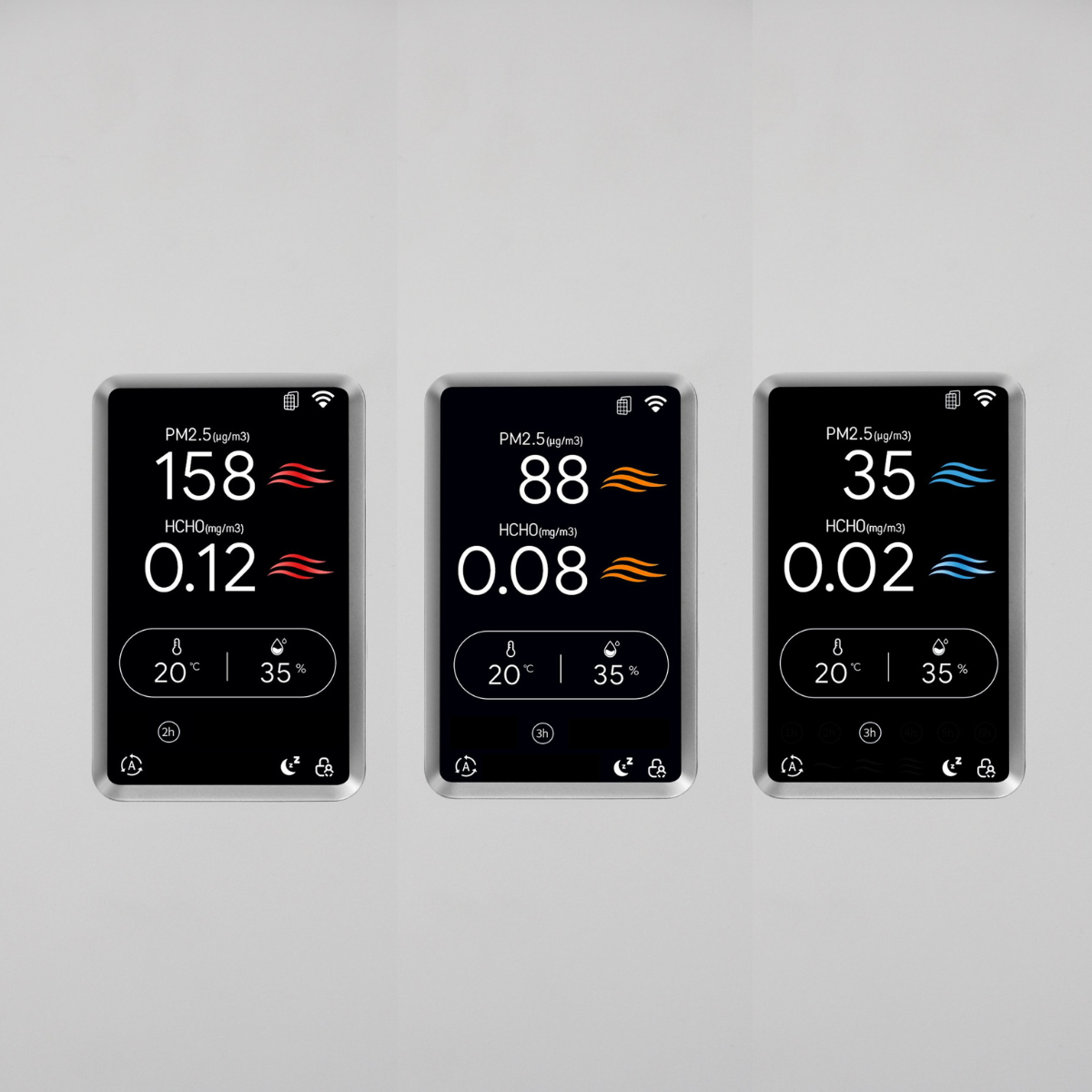 Tre monitor di qualità dell'aria mostrano letture di PM2.5, HCHO, temperatura e umidità.