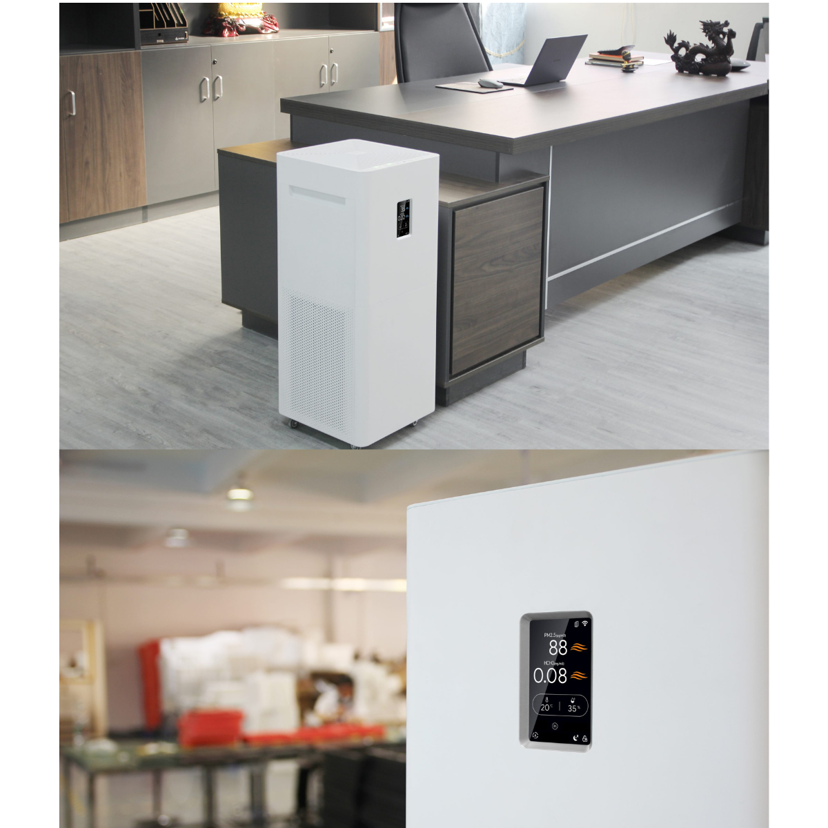 Un purificatore d'aria bianco accanto a una scrivania in un ufficio. Primo piano del display del dispositivo.