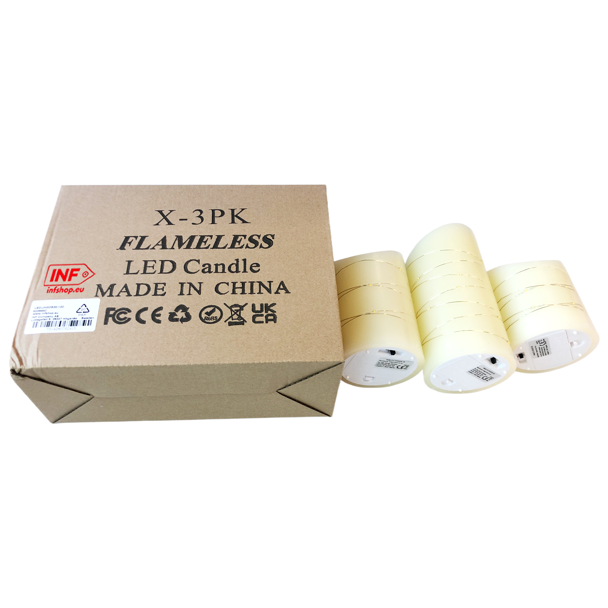 Brązowe pudełko z napisem 'Flameless LED Candle', obok trzy kremowe świece.