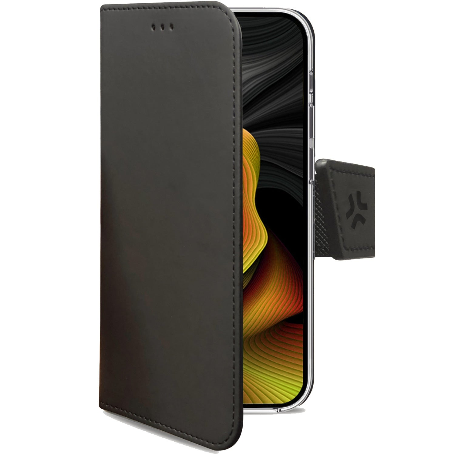 Custodia a libro in pelle nera per smartphone con sfondo astratto.