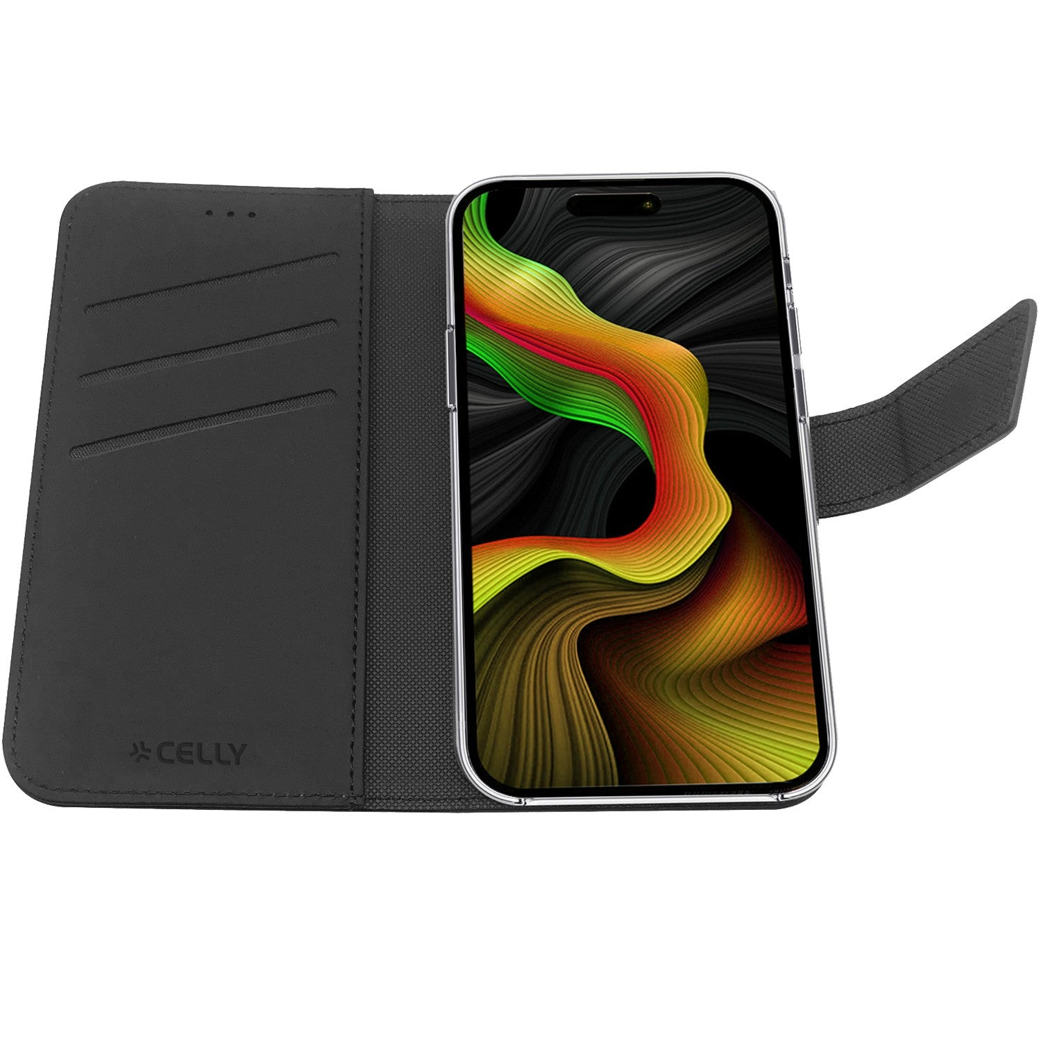 Custodia nera per telefono con flip aperto e display colorato.