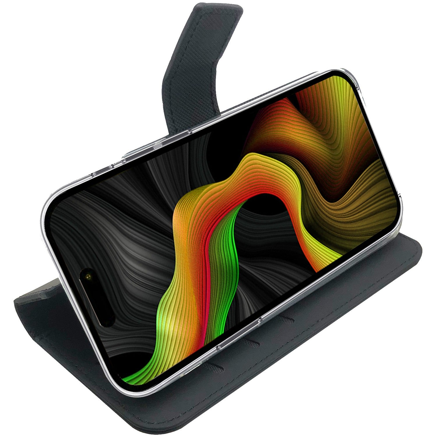 Custodia nera per telefono con flip cover aperta e sfondo colorato.