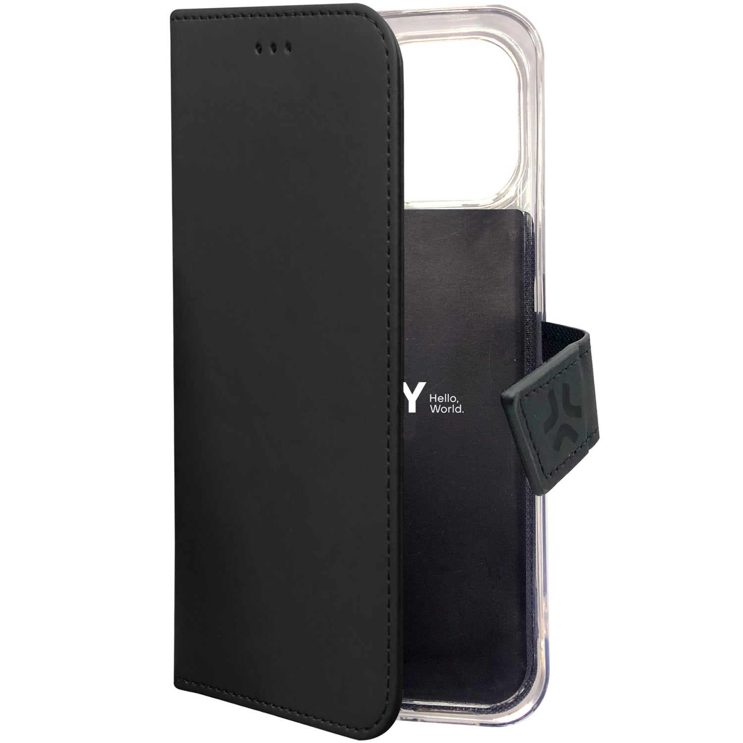 Custodia a libro nera per telefono con cornice trasparente e chiusura.