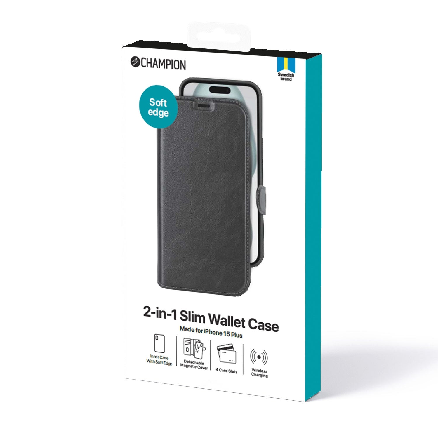 Funda negra para iPhone 15 Plus con etiqueta "Soft edge".