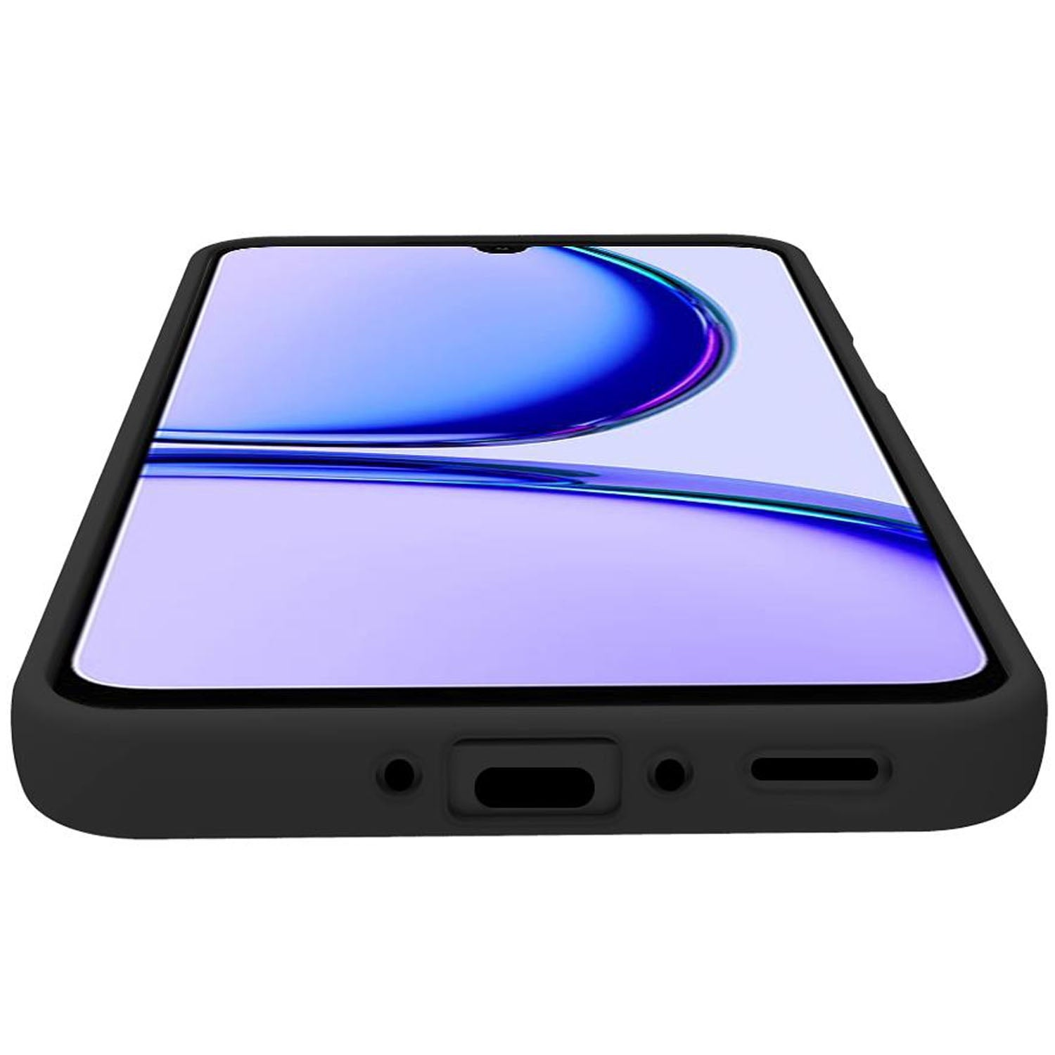 Smartphone nero in custodia, vista laterale con porta di ricarica.