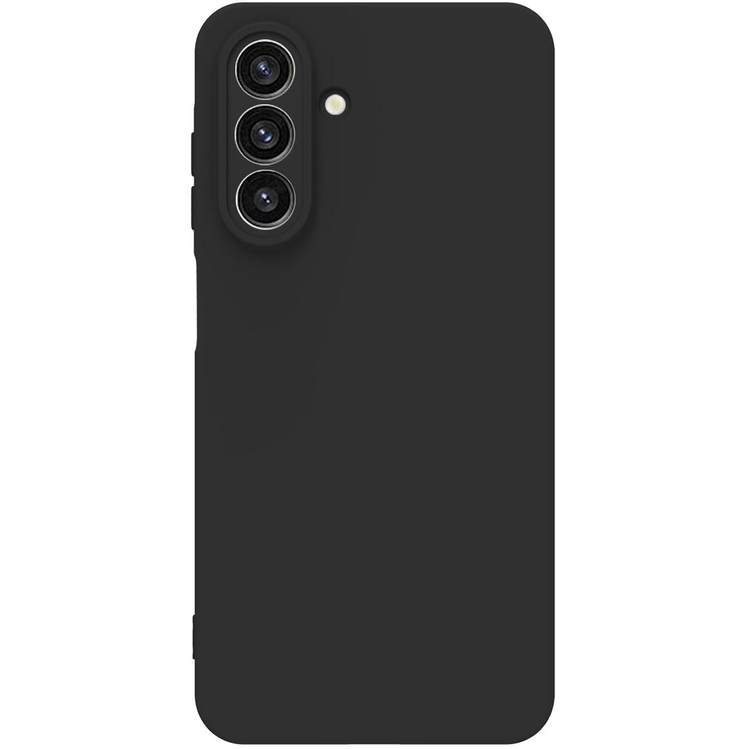 Smartphone nero con tre fotocamere e un flash sul retro.