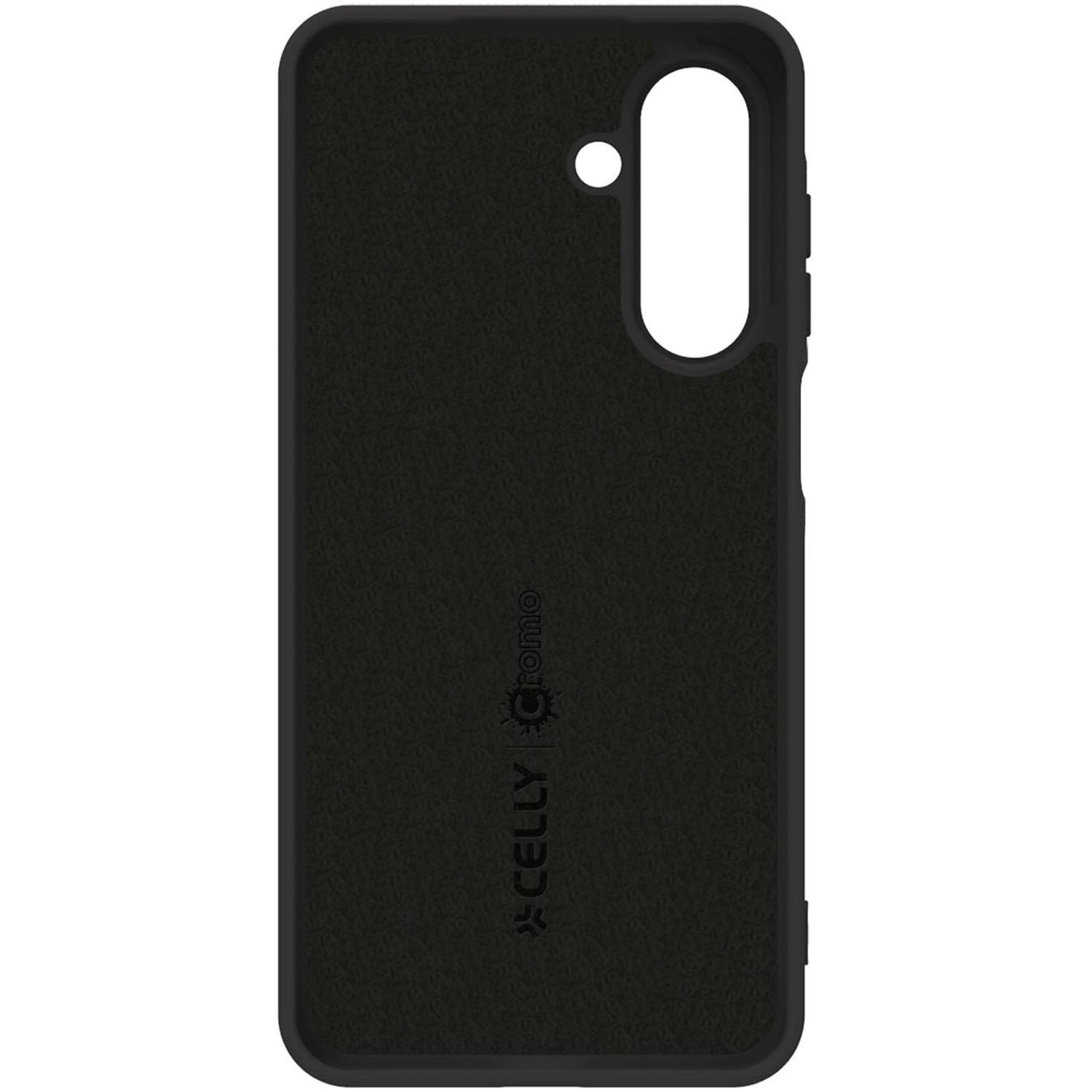 Custodia nera per telefono con ritaglio fotocamera e logo inciso.