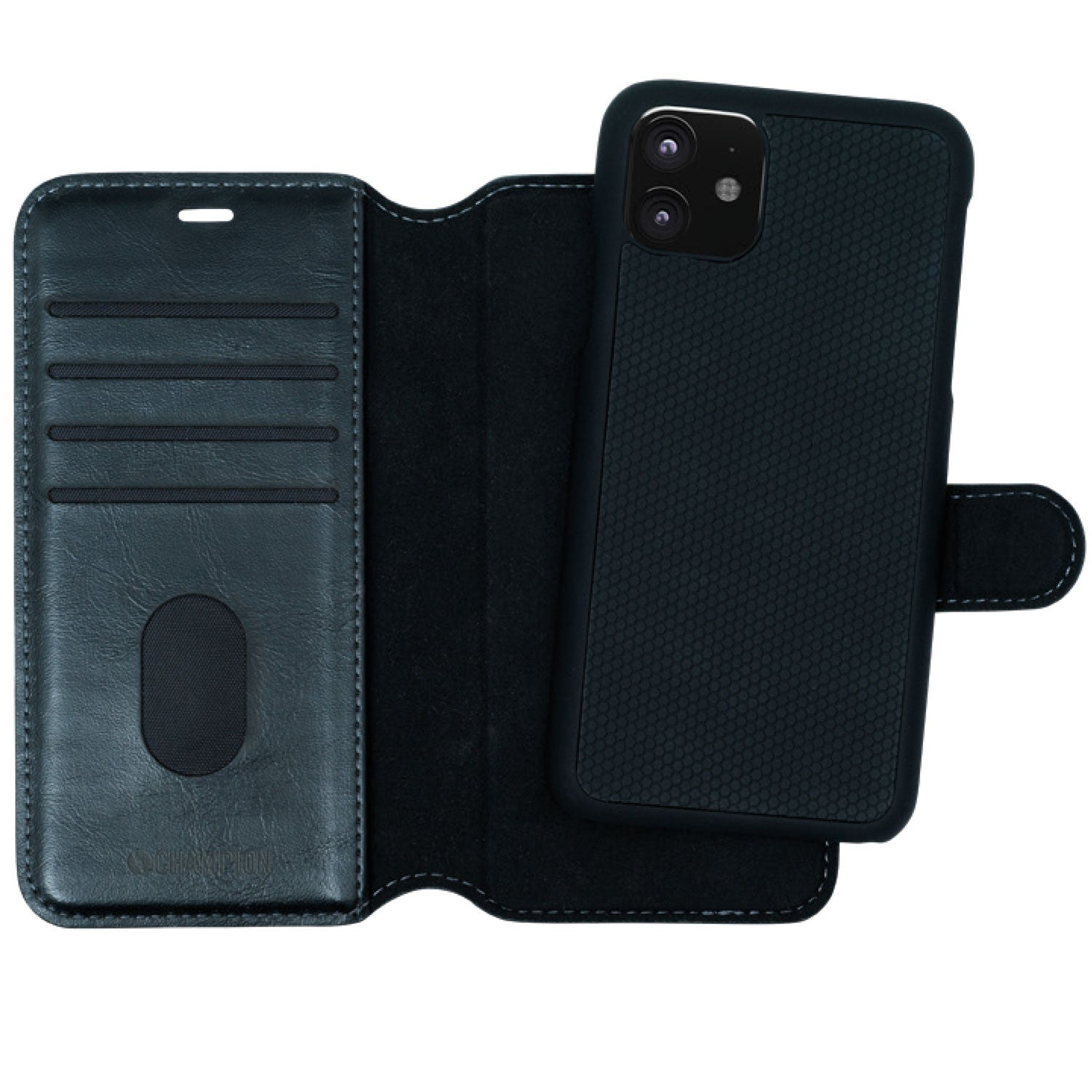 Funda de teléfono azul oscuro con ranuras para tarjetas y un teléfono.