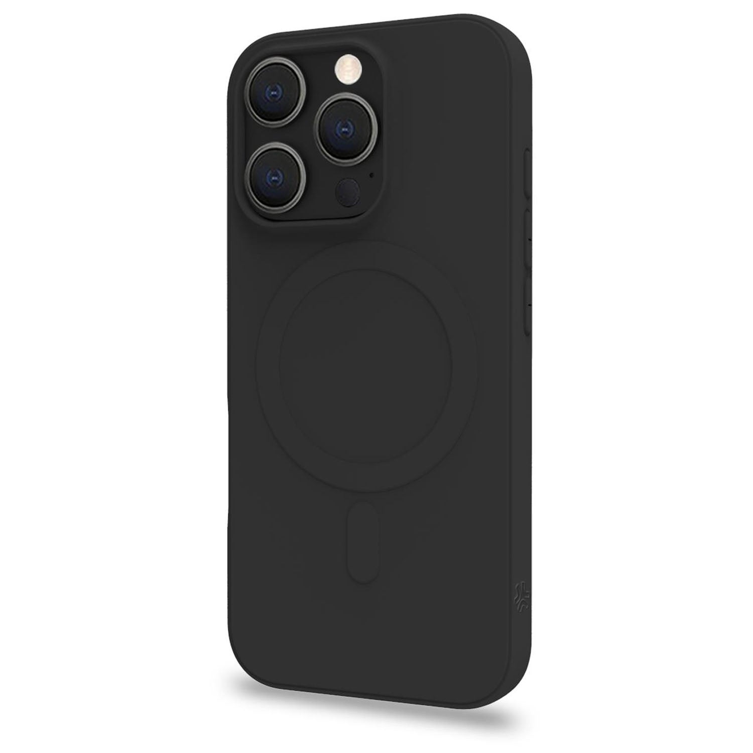 Custodia nera per iPhone con tre fotocamere e cerchio MagSafe sul retro.