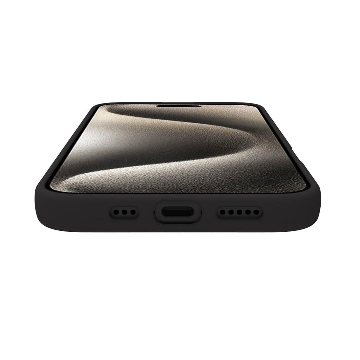 Smartphone nero con porta di ricarica e fori dell'altoparlante in basso.