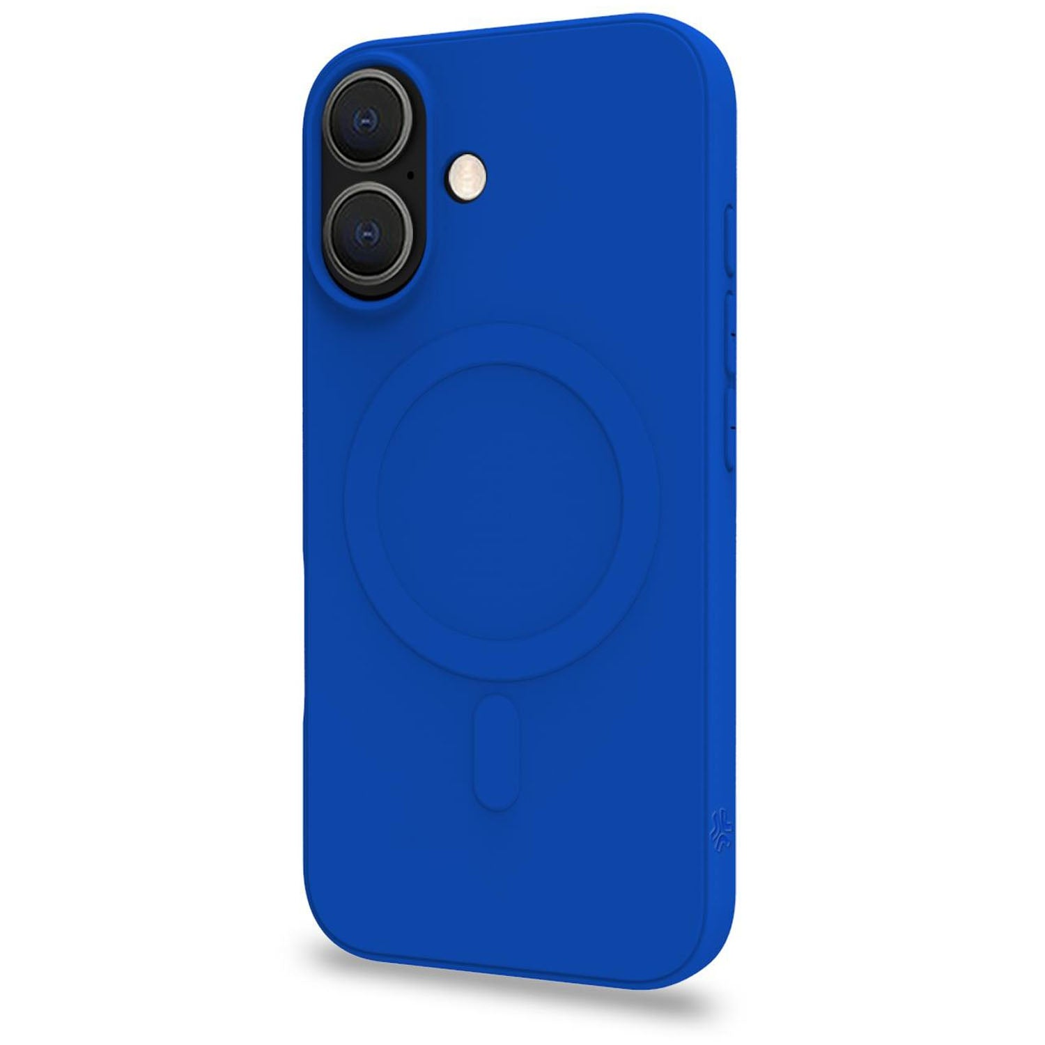Custodia blu per telefono con ritaglio fotocamera e cerchio di ricarica magnetica.