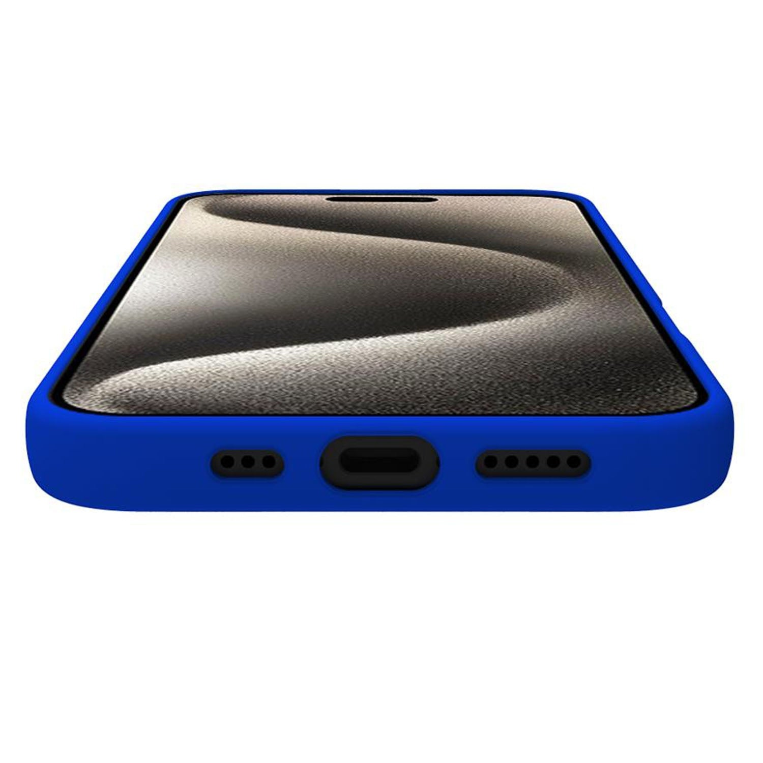 Custodia blu per telefono con ritagli per porta di ricarica e altoparlanti.
