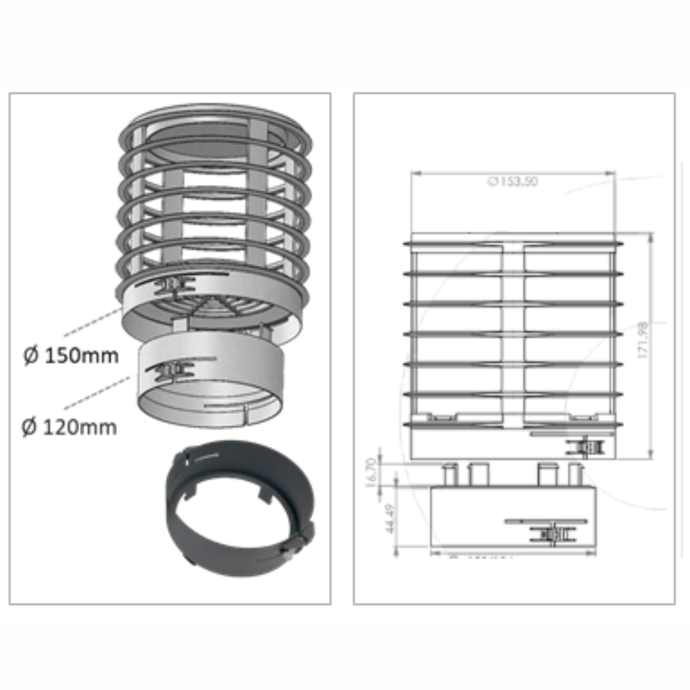 Disegno tecnico di un'estensione per tubo di ventilazione con dimensioni.