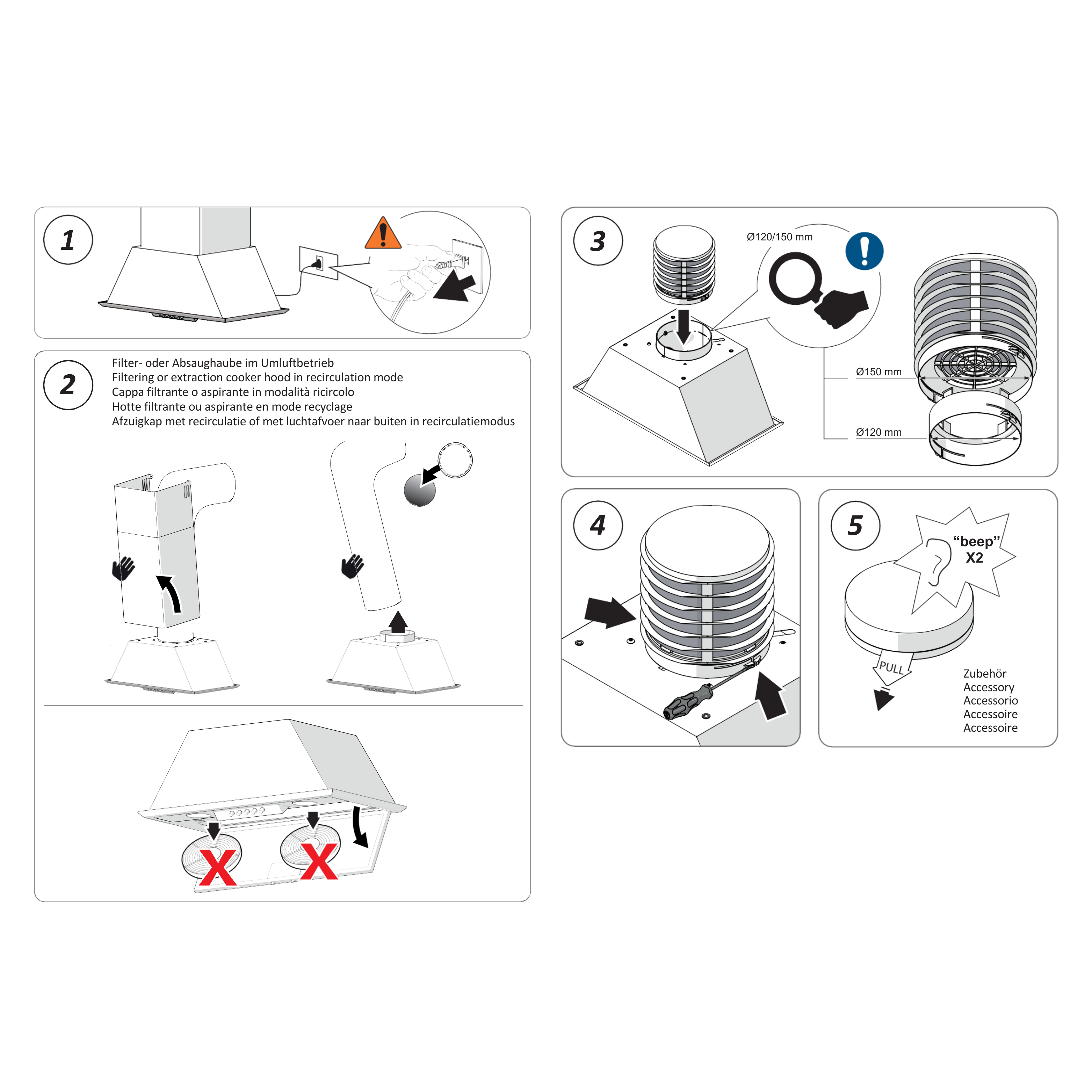Diagrammi di istruzioni per installazione e accessori cappa aspirante.