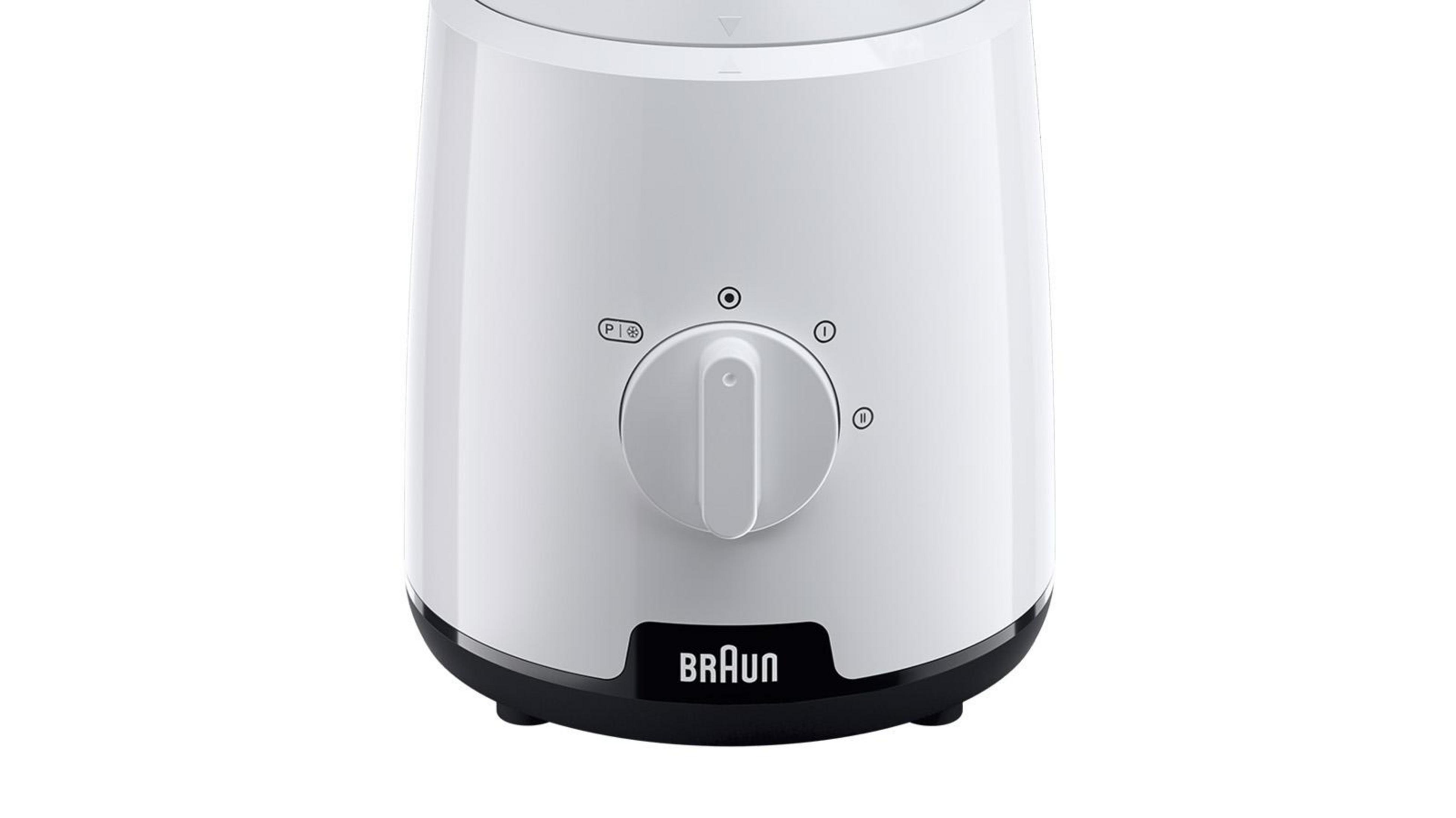 Primer plano de un electrodoméstico Braun blanco con base negra y dial giratorio.