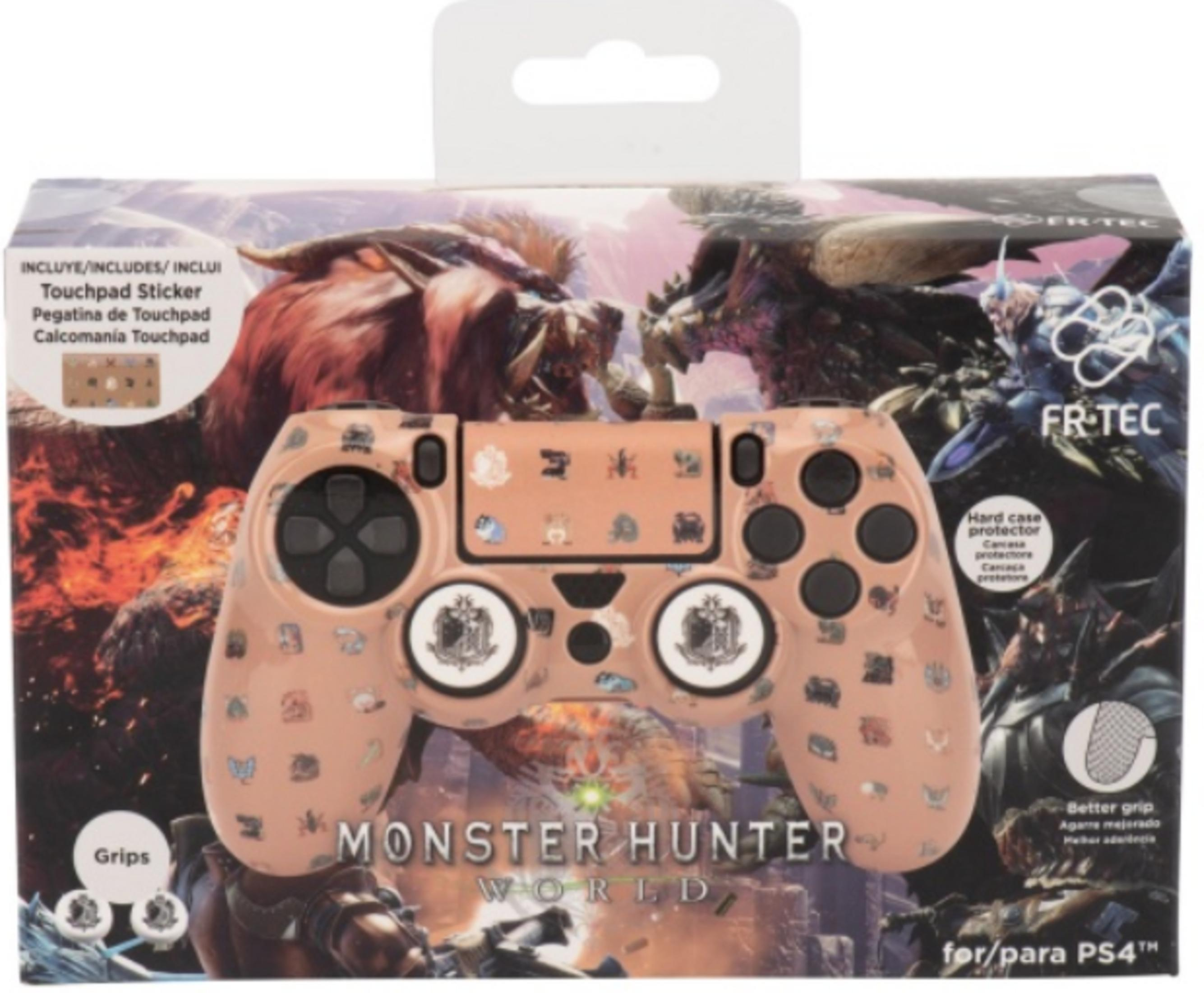 Un mando PS4 color melocotón con temática de Monster Hunter World, con muchos iconos pequeños.
