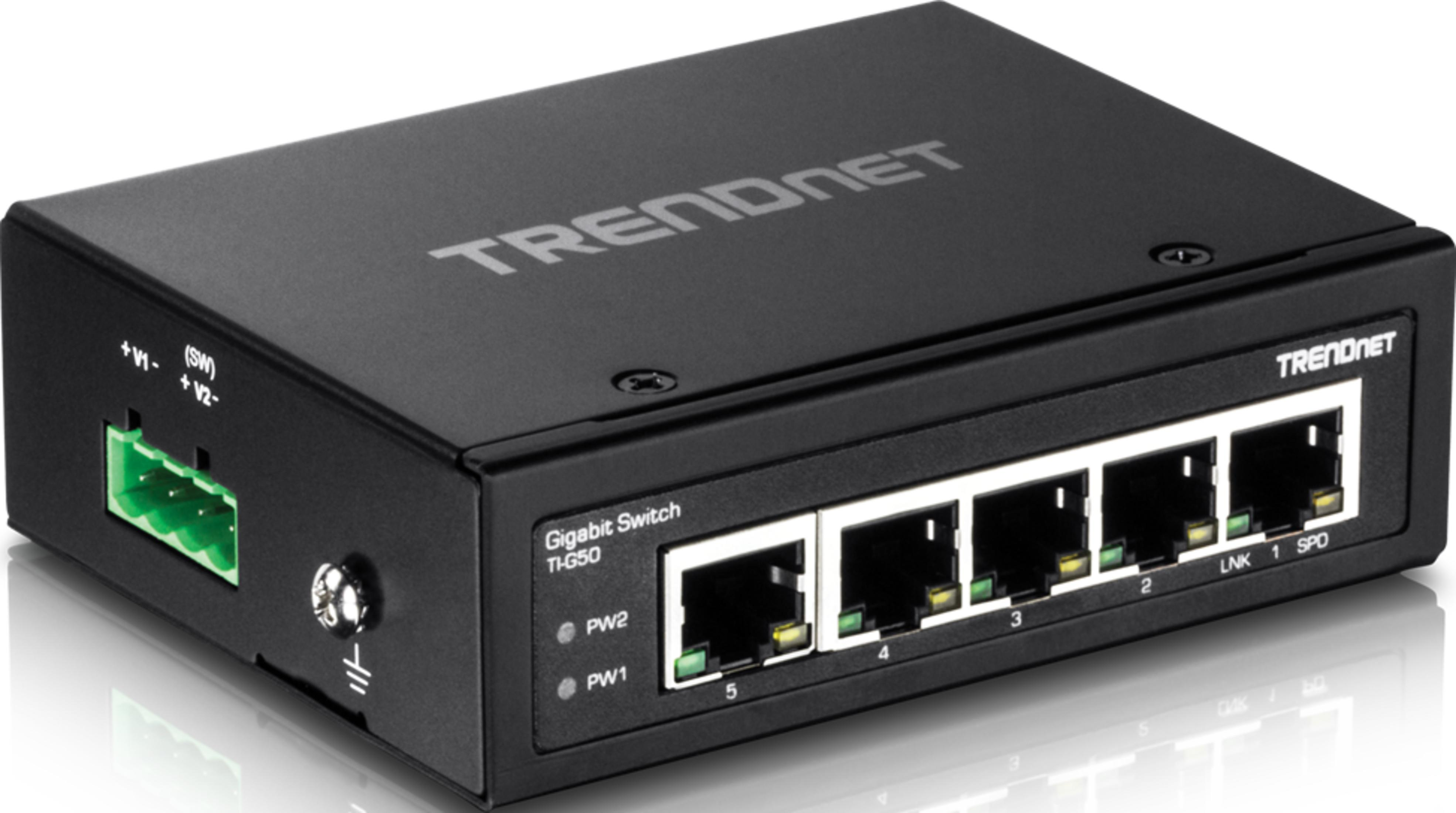 Schwarzer Gigabit-Switch mit 5 Anschlüssen und TRENDNET-Logo.