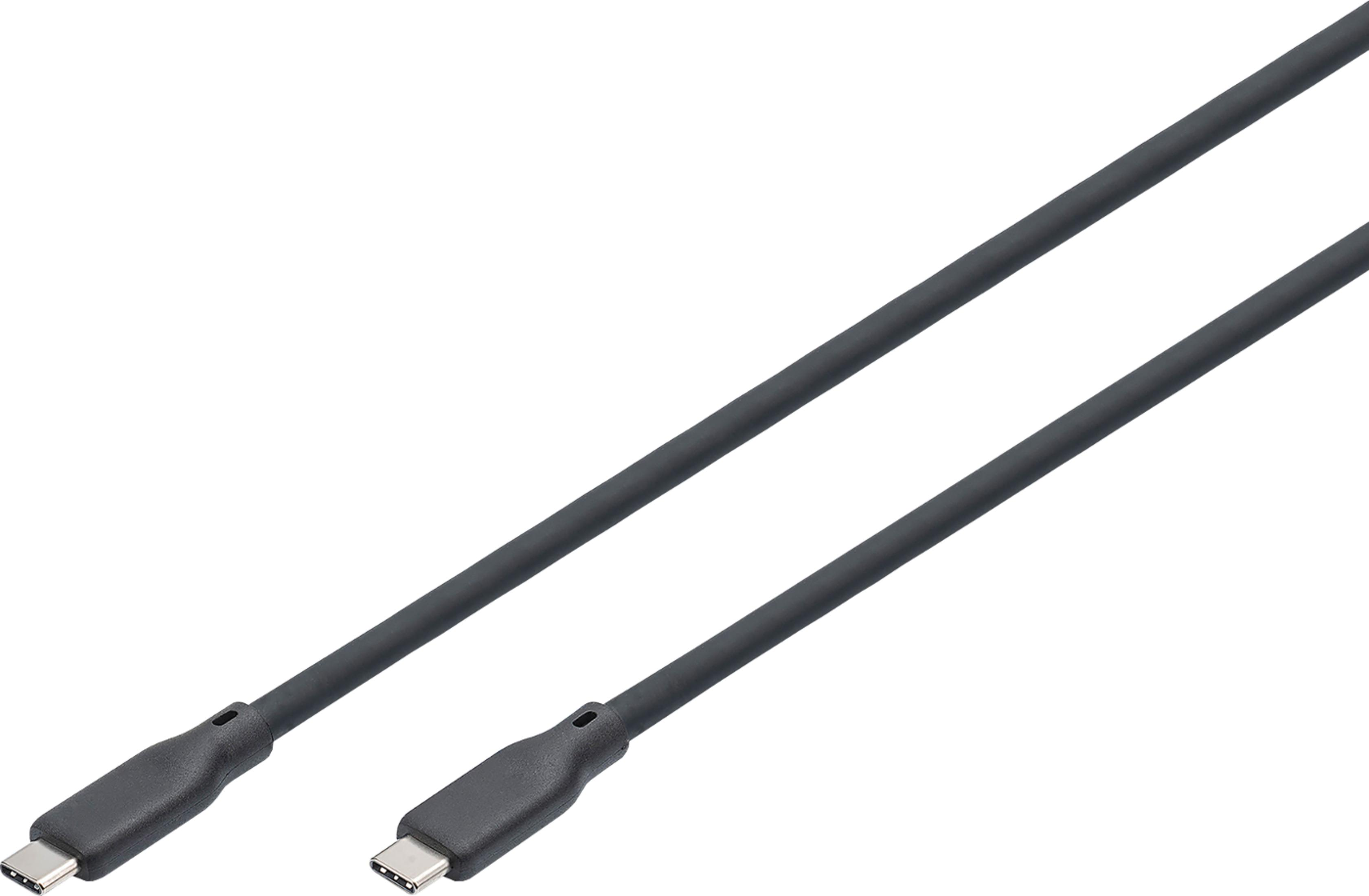 Een zwarte USB-C kabel met twee connectoren op witte achtergrond.