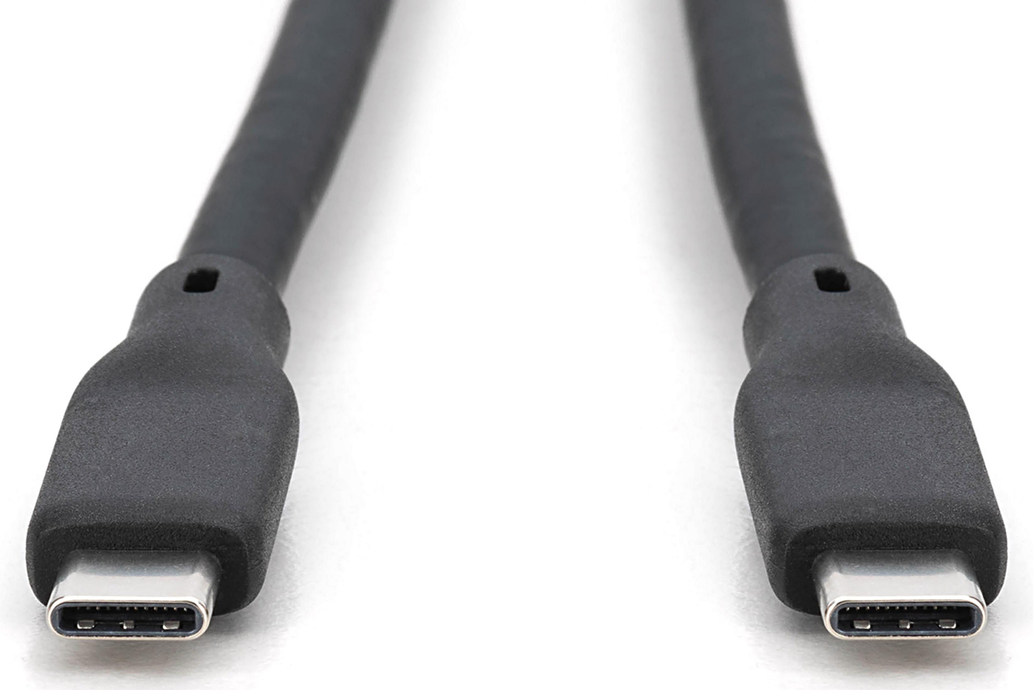 Twee zwarte USB-C kabelconnectoren met zilveren metalen contacten op witte achtergrond.