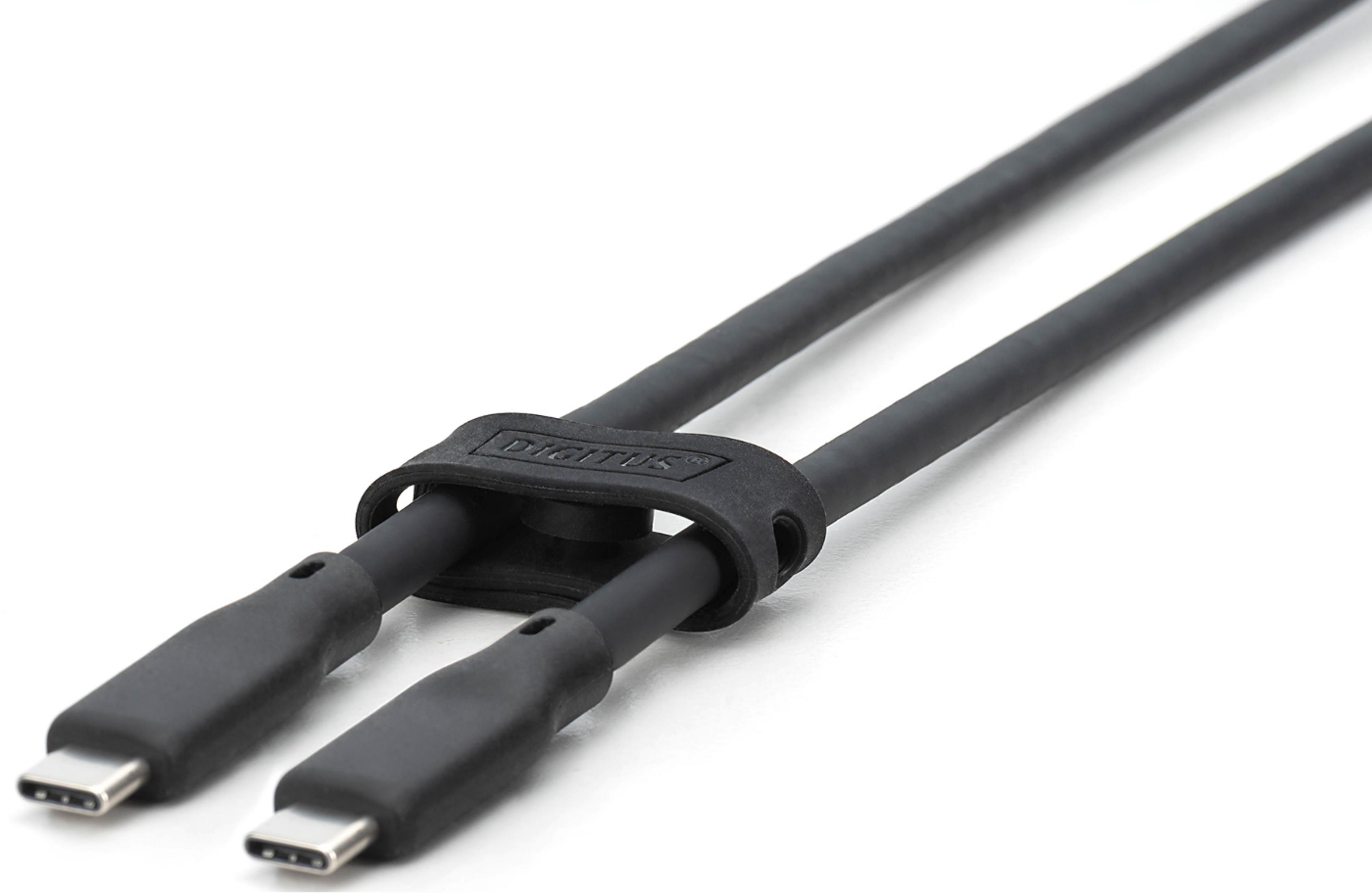 Twee zwarte USB-C kabels samengebonden met een zwarte band.