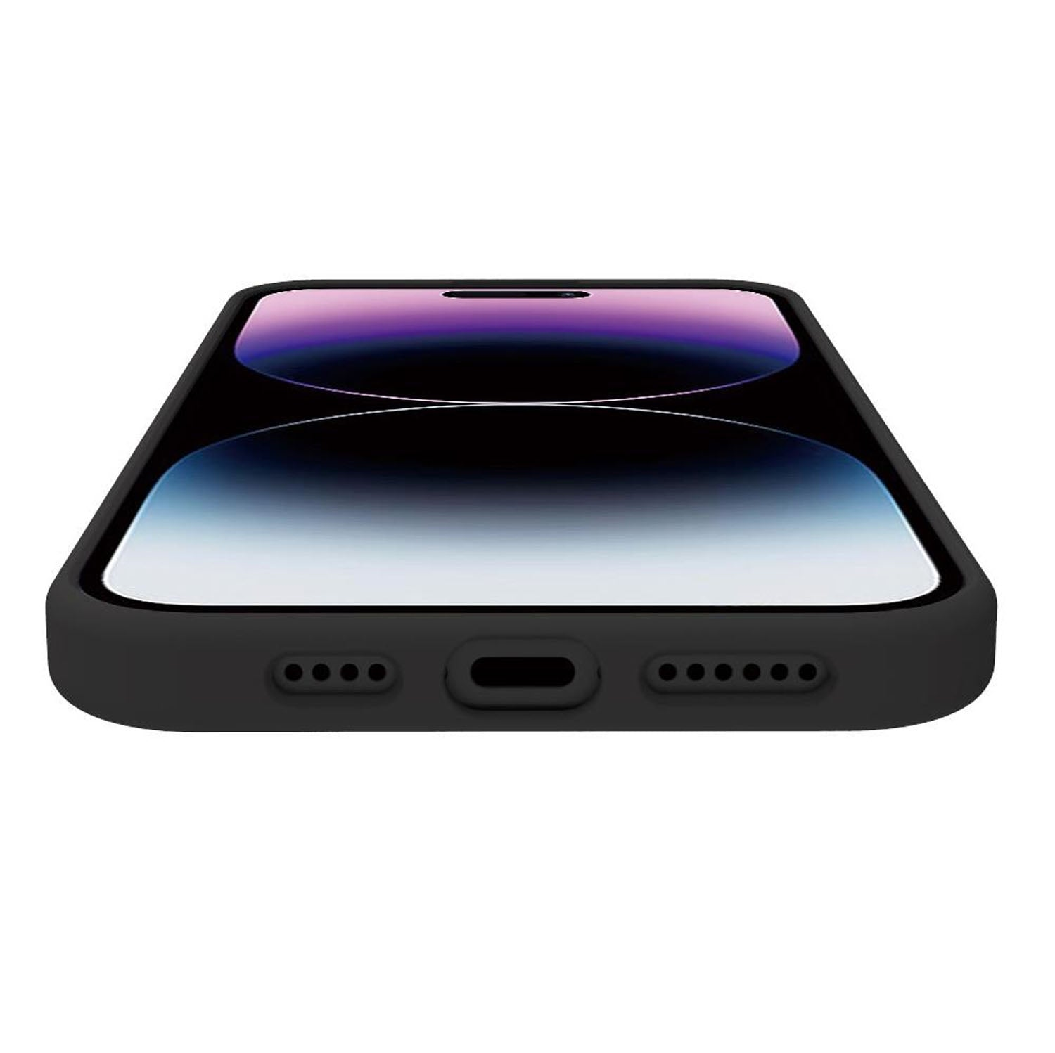 Smartphone nero con display colorato, visto dall'alto.