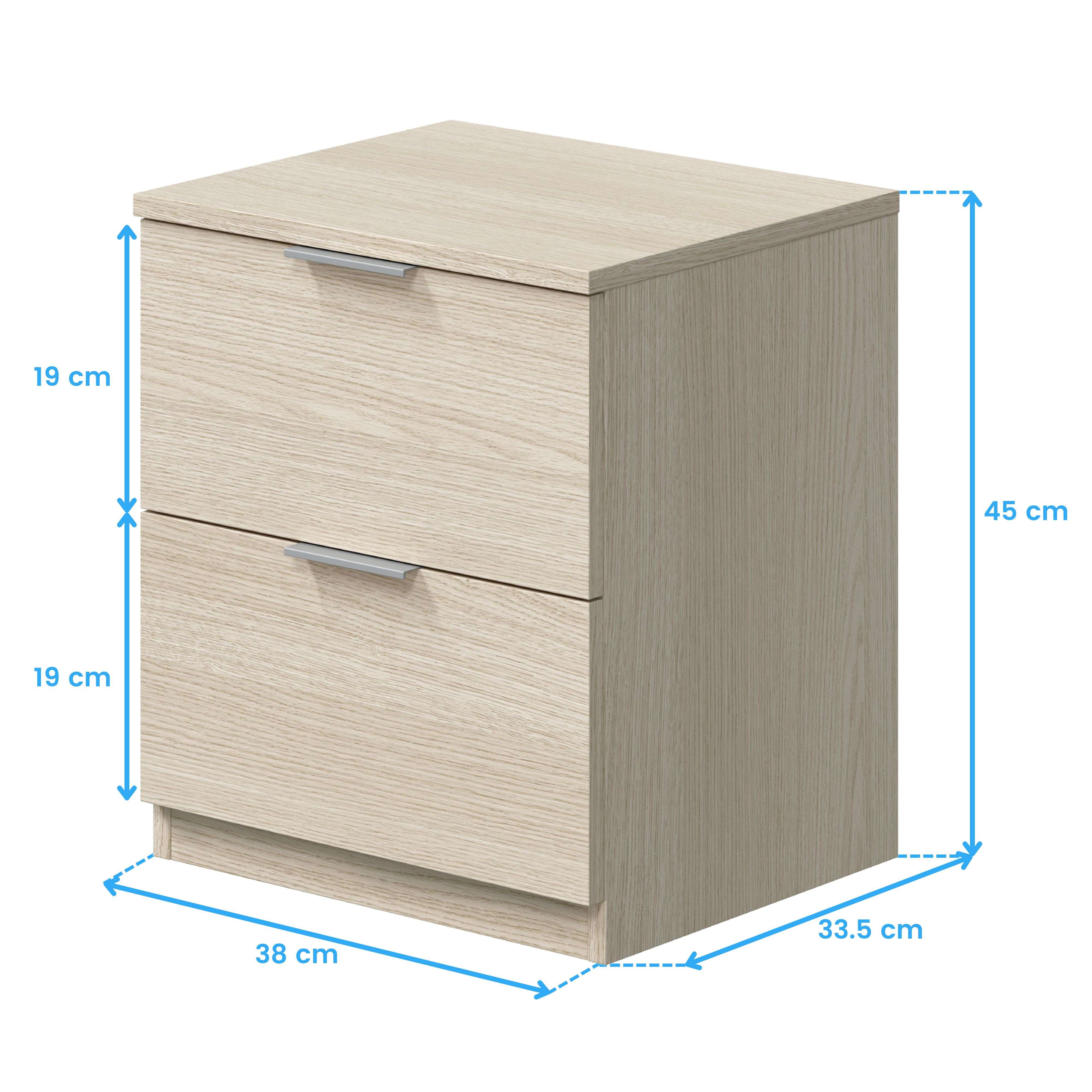 Un mueble de madera clara con dos cajones y tiradores plateados.