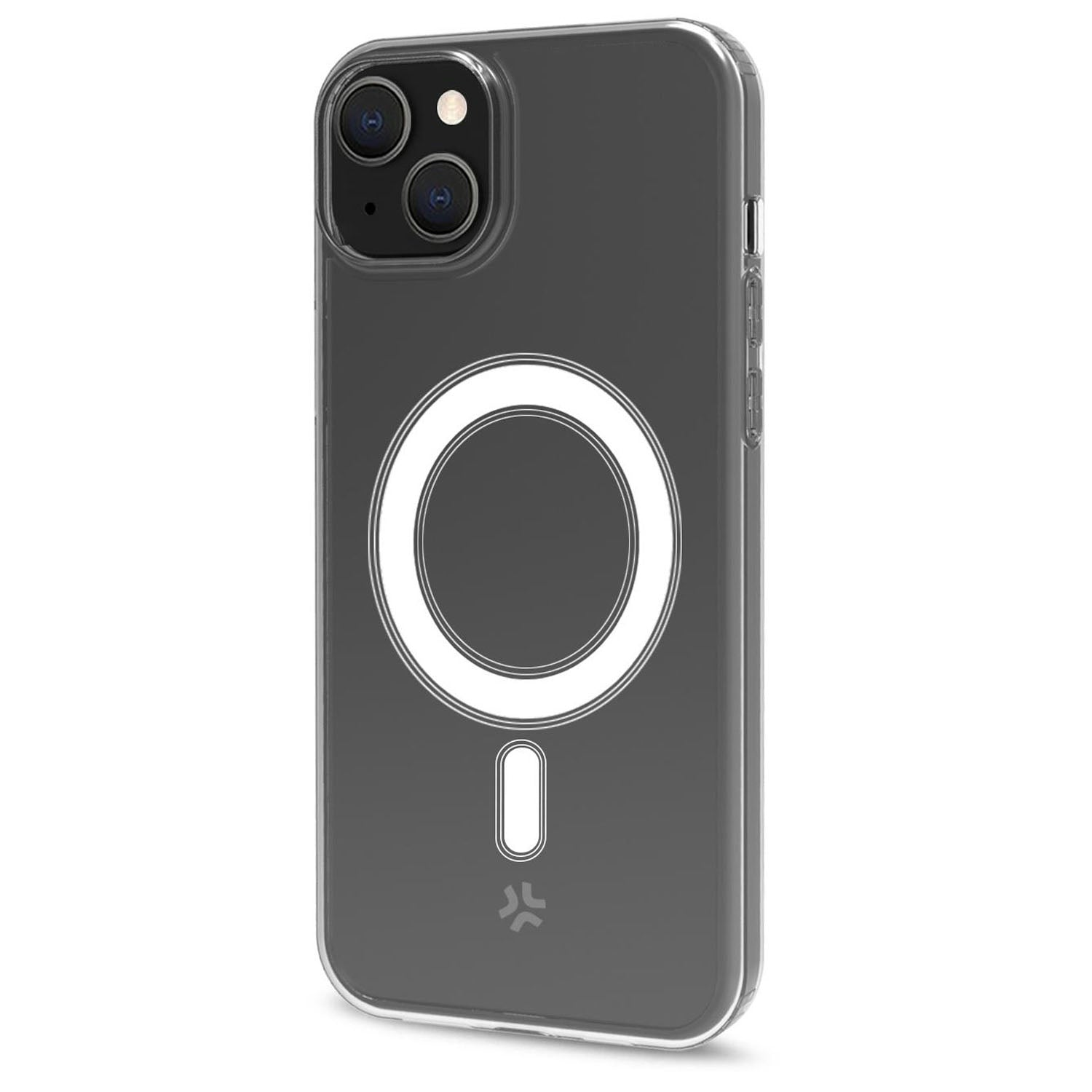 Clear phone case with white MagSafe ring and logo.