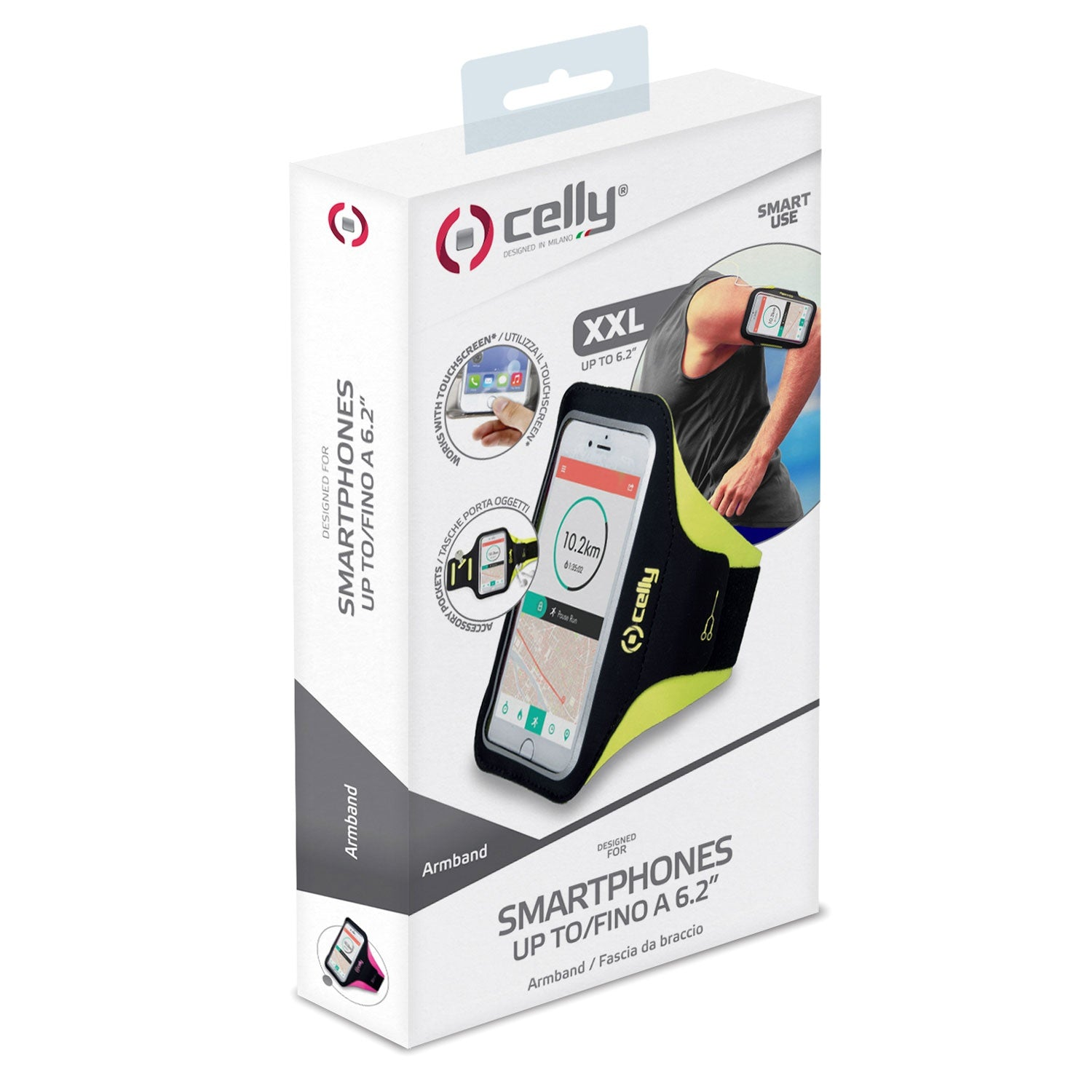 Celly armband packaging, XXL size, fits up to 6.2" phones, black and yellow.