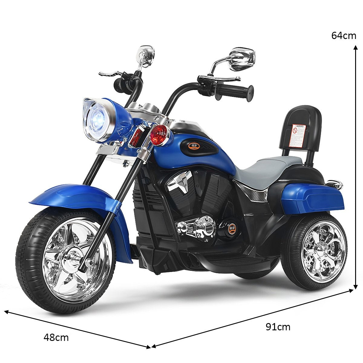 A blue three-wheeled toy motorcycle with chrome wheels and a headlight.