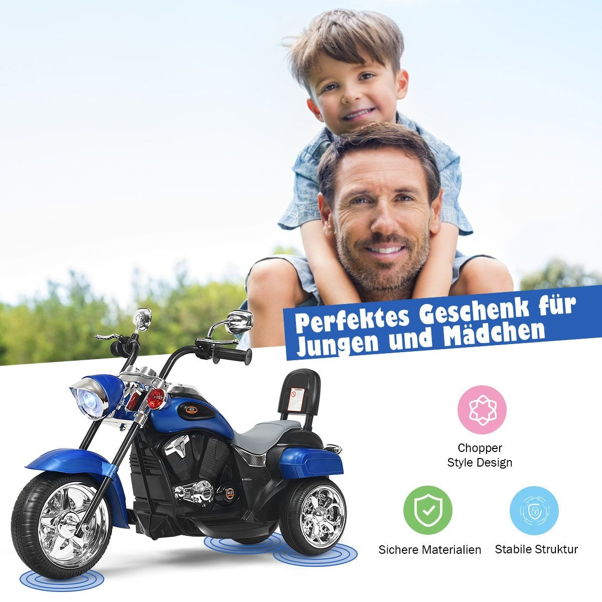 A man carries his son on his shoulders in front of a blue motorcycle.
