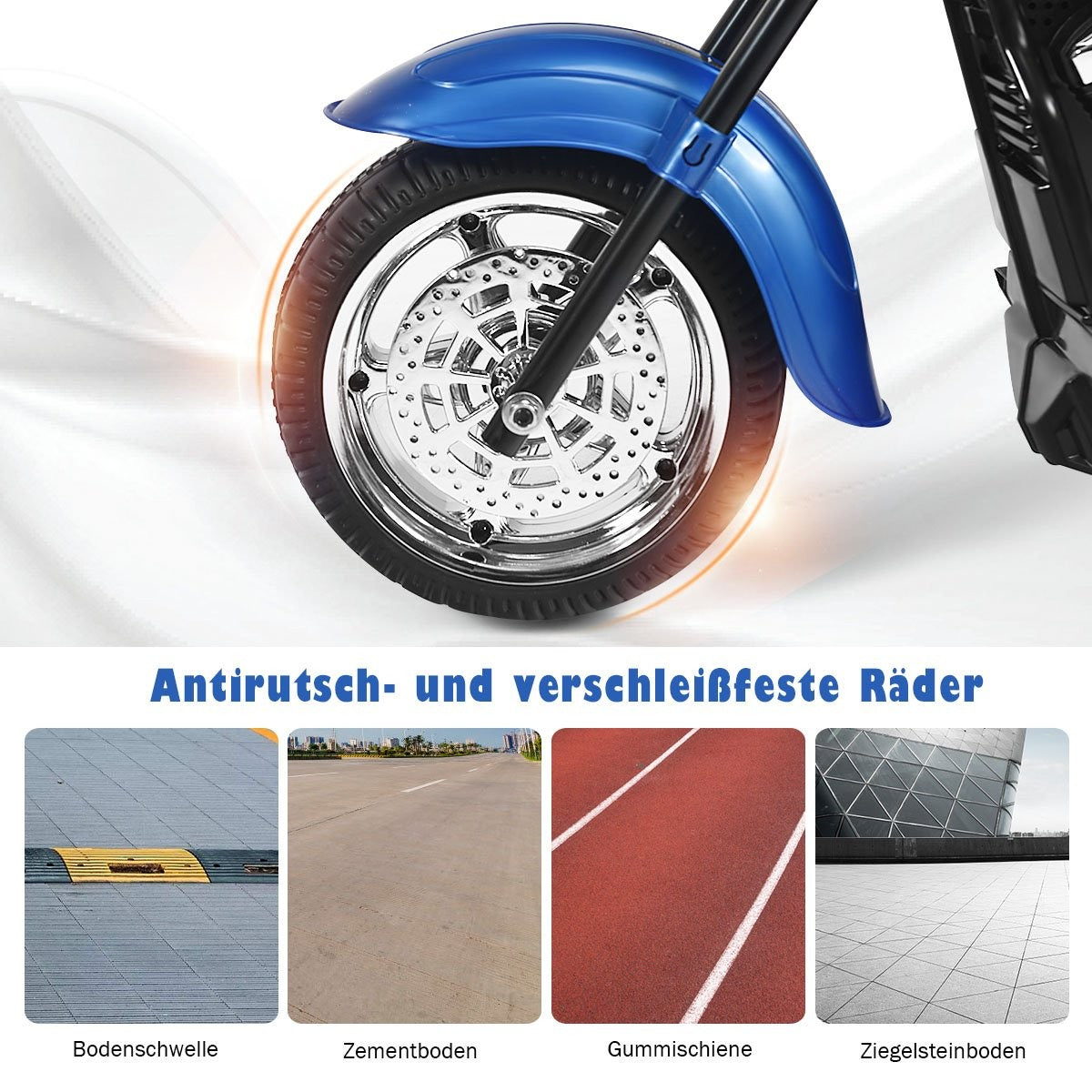 Close-up of a motorcycle wheel with four example surfaces below.