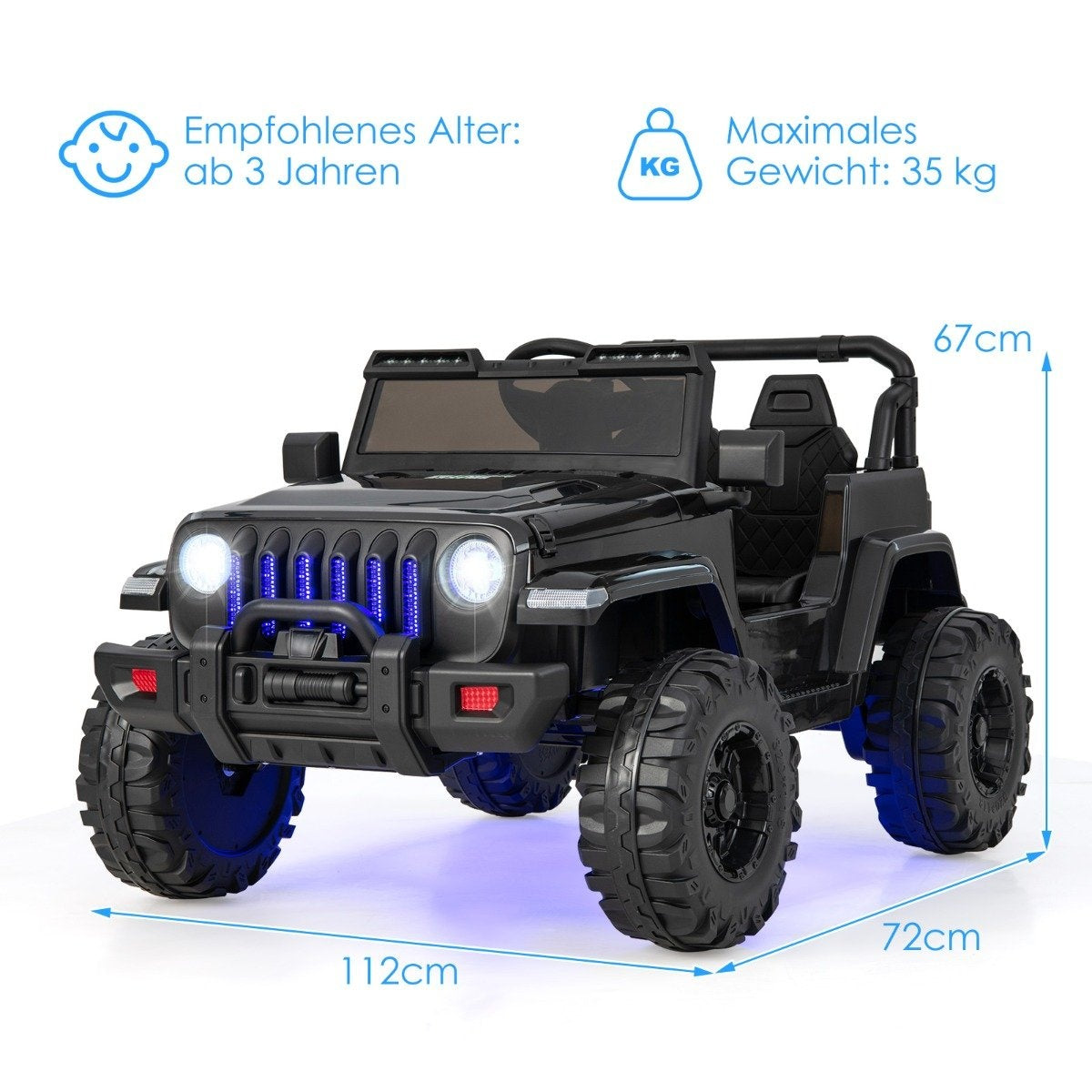 Black Jeep with blue lights, age 3+, weight 35kg, dimensions 112x72x67cm.
